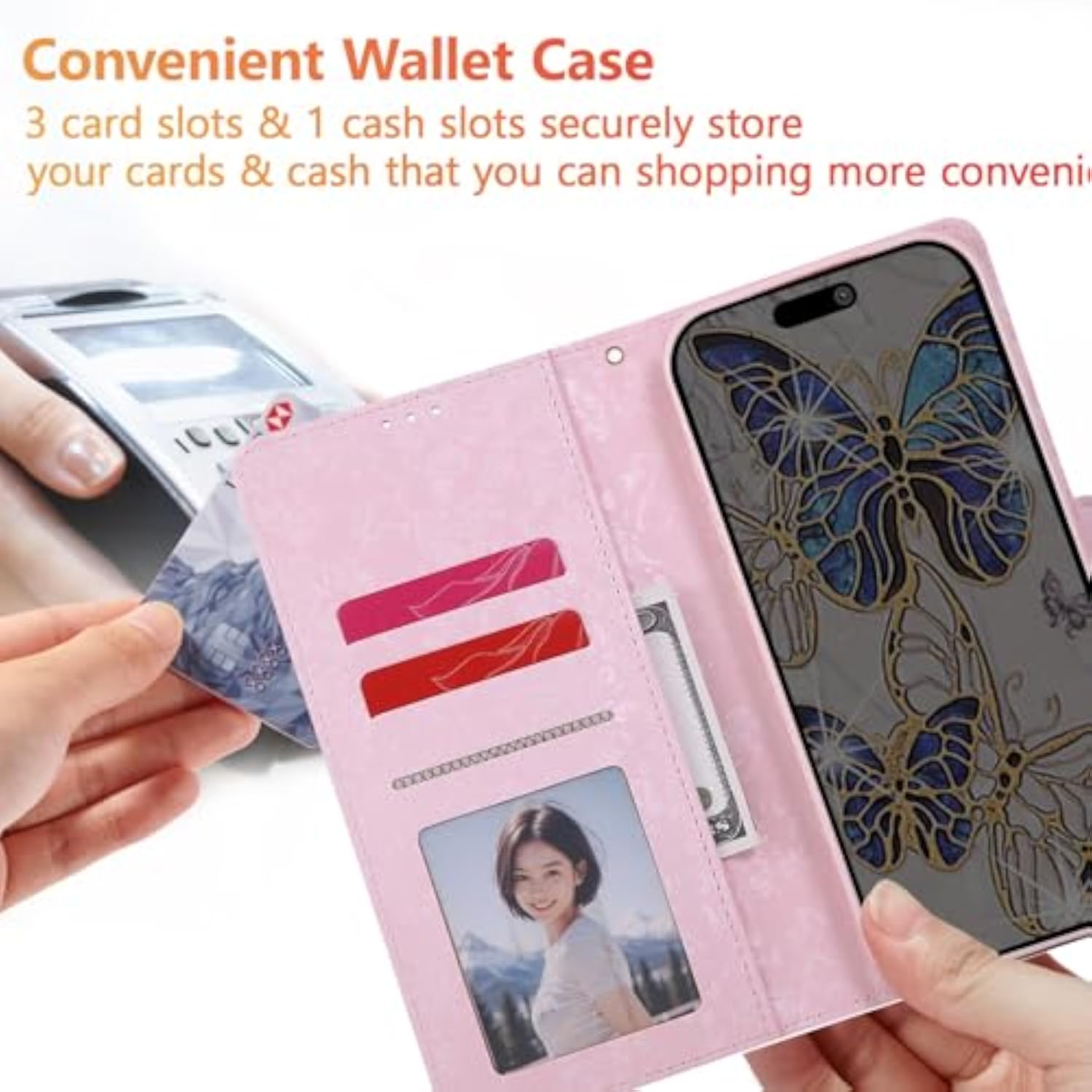 Leather Phone Cover for iPhone 17 Pro Max, Flip Case with Kickstand, RFID Blocking, Card Slots, Wrist Strap, Engraved Pattern, Magnetic Closure, Blue Butterfly Design