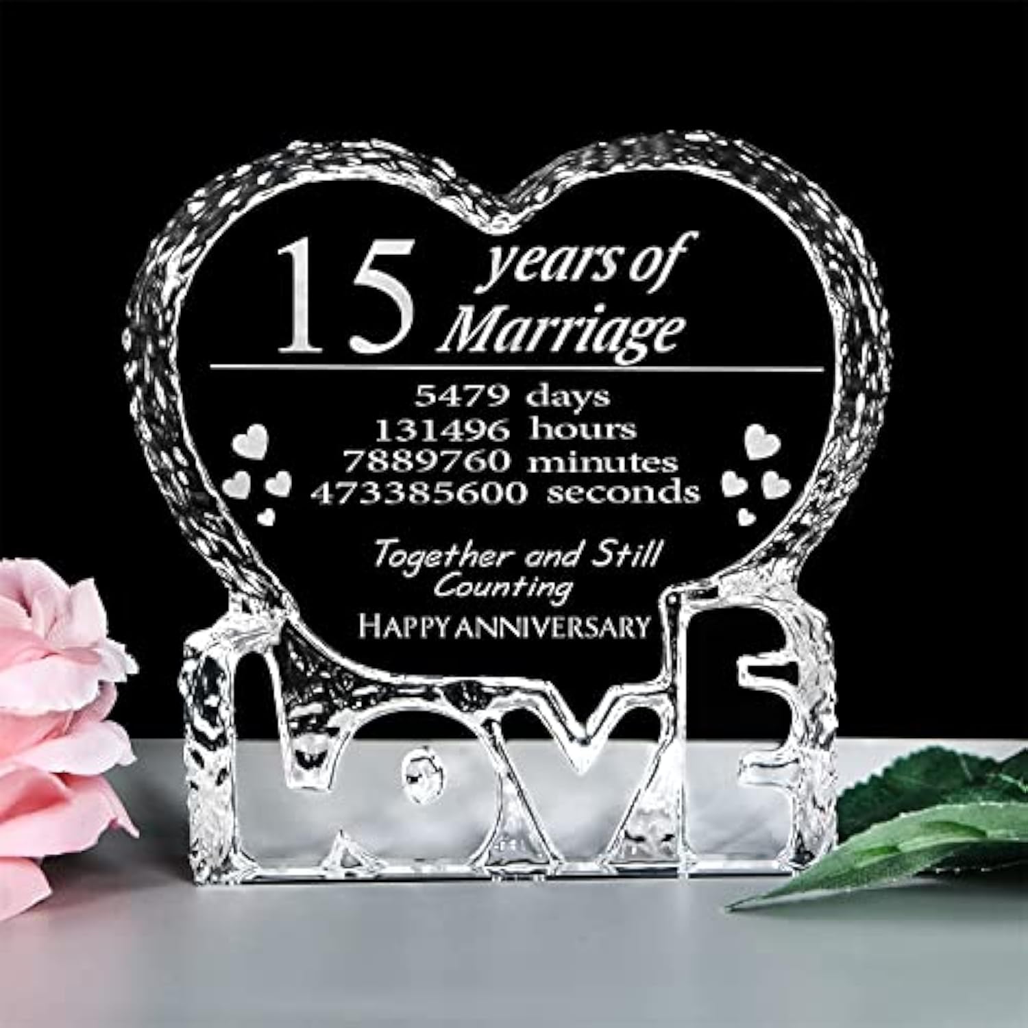 Engraved Heart-Shaped Crystal 15th Anniversary Wedding Gift for Couples