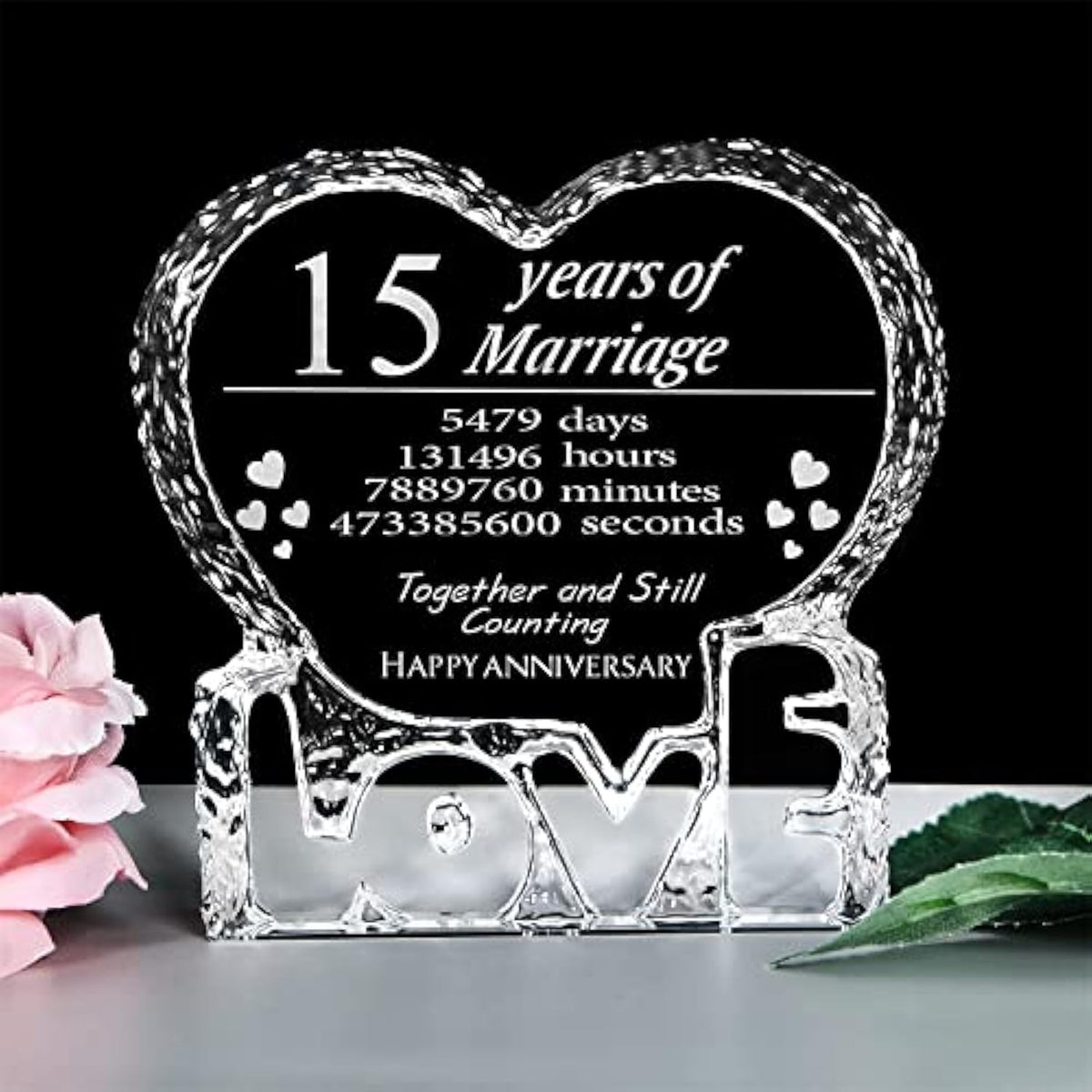 Engraved Heart-Shaped Crystal 15th Anniversary Wedding Gift for Couples