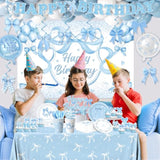 Blue Bow Party Supplies Serve 24,Coquette Birthday Decorations Include Bow Themed Tableware Tablecloth Backdrop Blue And White Balloon Arch Kit For Girls Birthday Decor
