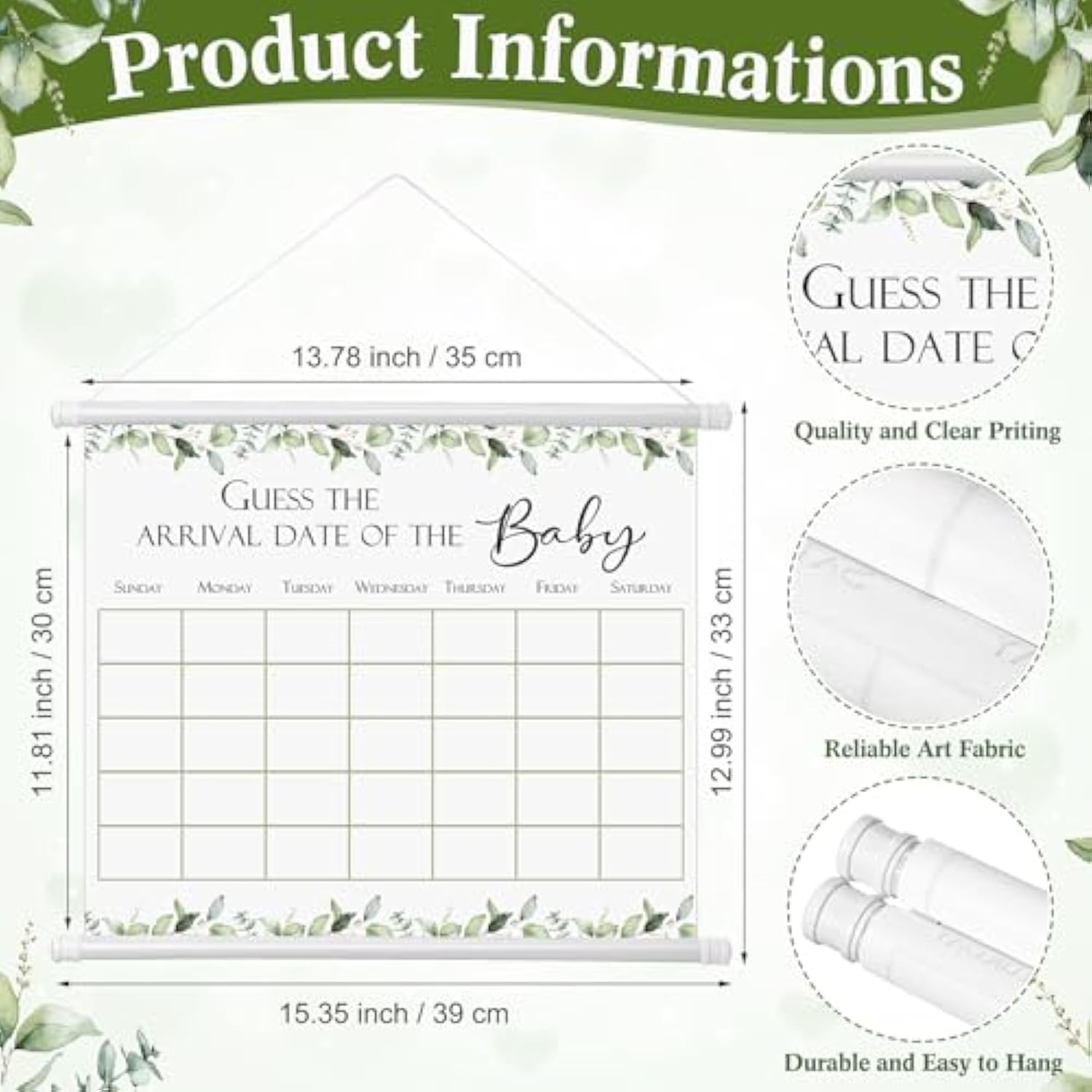 Guess Baby Due Date Calendar Include 1 Pcs Guess The Arrival Date Of The Baby Shower Wooden Sign 1 Prediction Calendar 12 Fineliner Colored Pens Game Party Favor(Greenery)