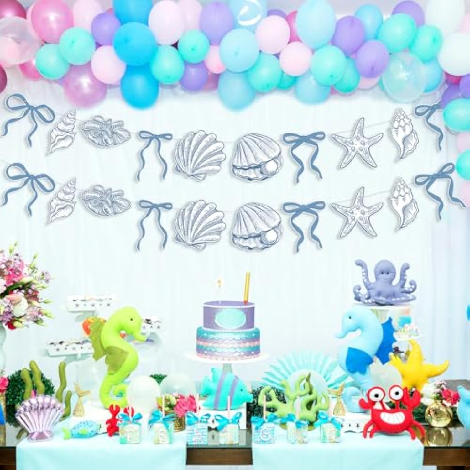 2 Pack Blue Bow Starfish And Seashell Garland 6.56 Ft Ocean Coastal Nautical Beach Party Under The Sea Paper Bow Hanging Banner For Summer Birthday Wedding Bachelorette Mermaid Baby Shower