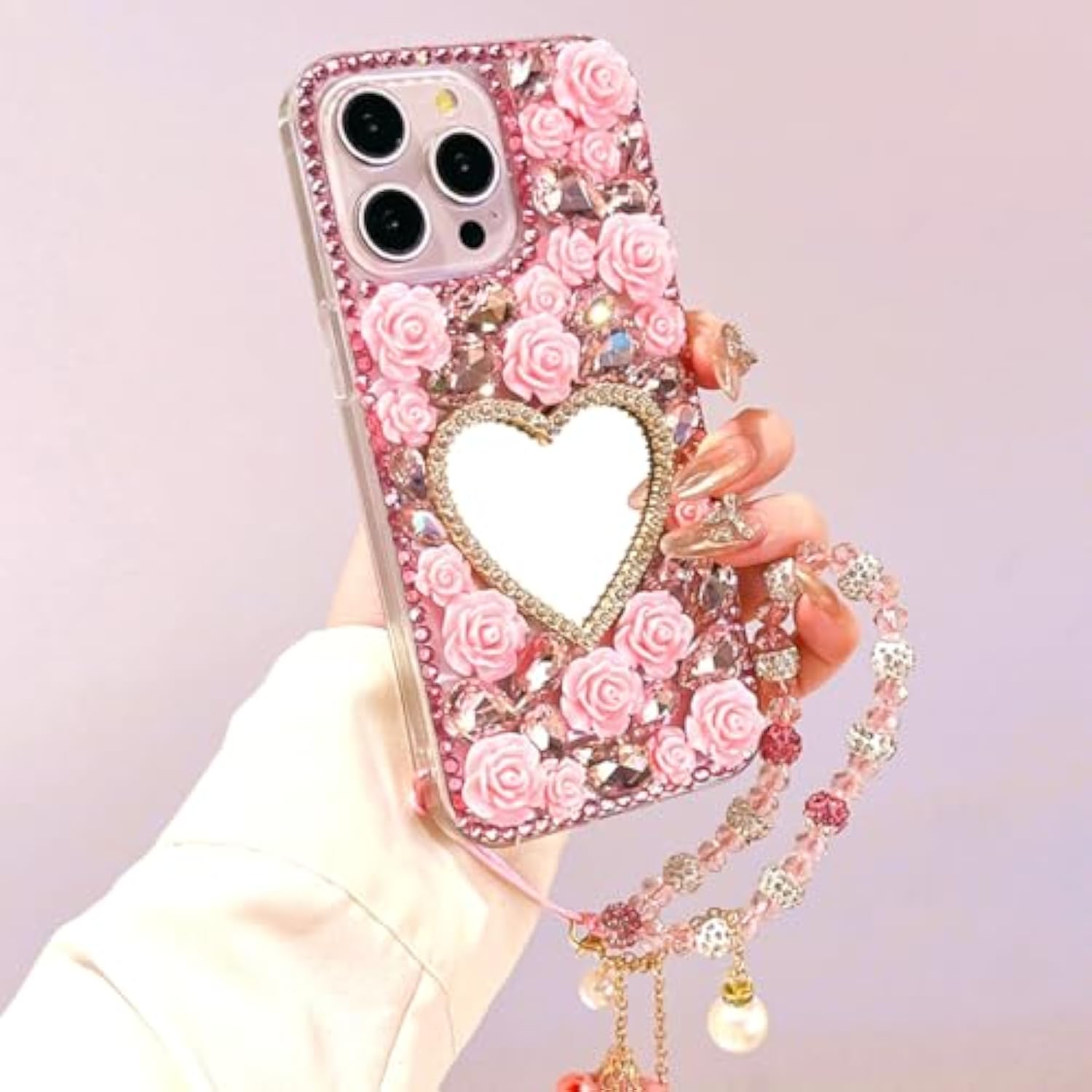 For Iphone 16 Glitter Bling Case,Cute Girly 3D Sparkle Heart Makeup Mirror Crystal Rhinestones Flowers Diamond Gems Pearl With Lanyard Wrist Strap Women Girls Case For Iphone 16 6.1" (Pink)