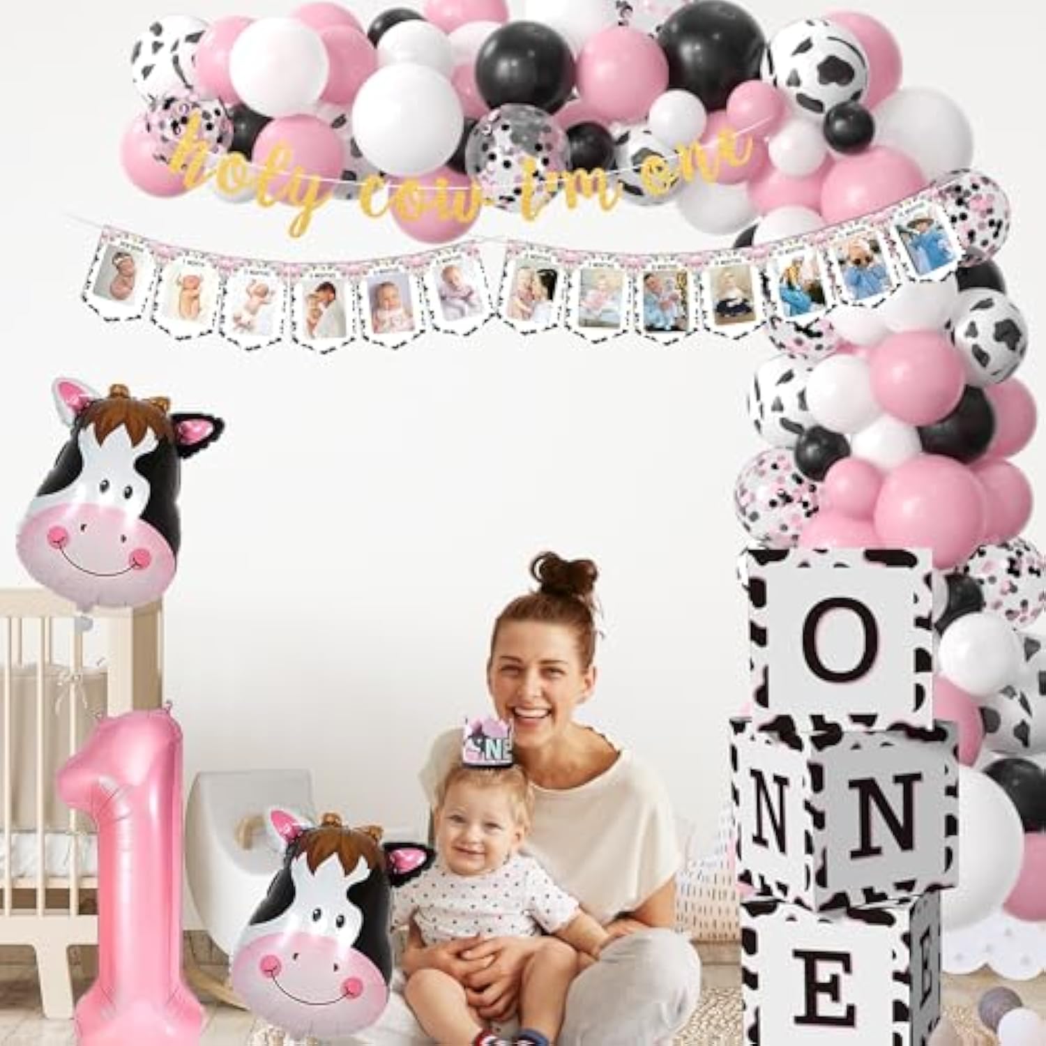 Holy Cow I'M One Birthday Decorations Girl - Farm Cow Theme First Birthday Party Supplies, Balloon Boxes, Backdrop, Banner, Balloon Arch, Highchair Banner