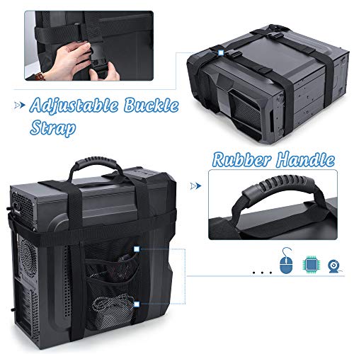 Pc Tower Carrying Strap With Rubber Handle, Desktop Carrying Case Belt Computer Travel Holder With Pockets For Cable, Mouse, Ideal For Transporting On The Go - Patented Design