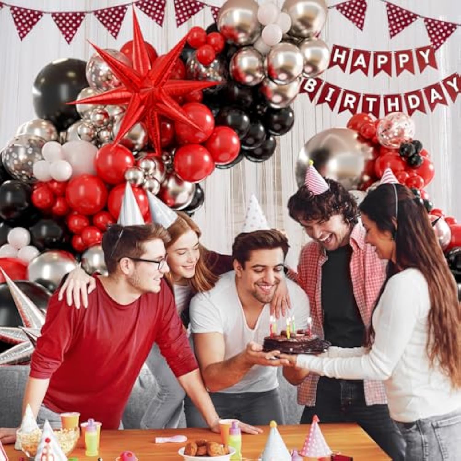 Red, White And Black Balloon Garland Arch Kit - Party Decorations With Silver Confetti Latex Balloons For Graduation, Prom, Anniversary, Birthday