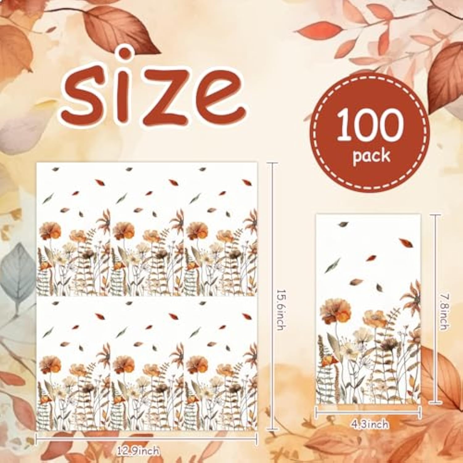 100 Fall Floral Guest Napkins, Disposable Hand Towels for Bathroom & Autumn Events