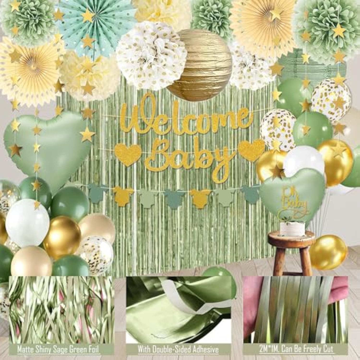 Sage Green Baby Shower Decorations - Gender Neutral Baby Shower Decor Set With Welcome Baby Banner, Tissue Pom Poms, Paper Lanterns, Flower Fans, Balloons, "Oh Baby" Cake Topper & Star Garland