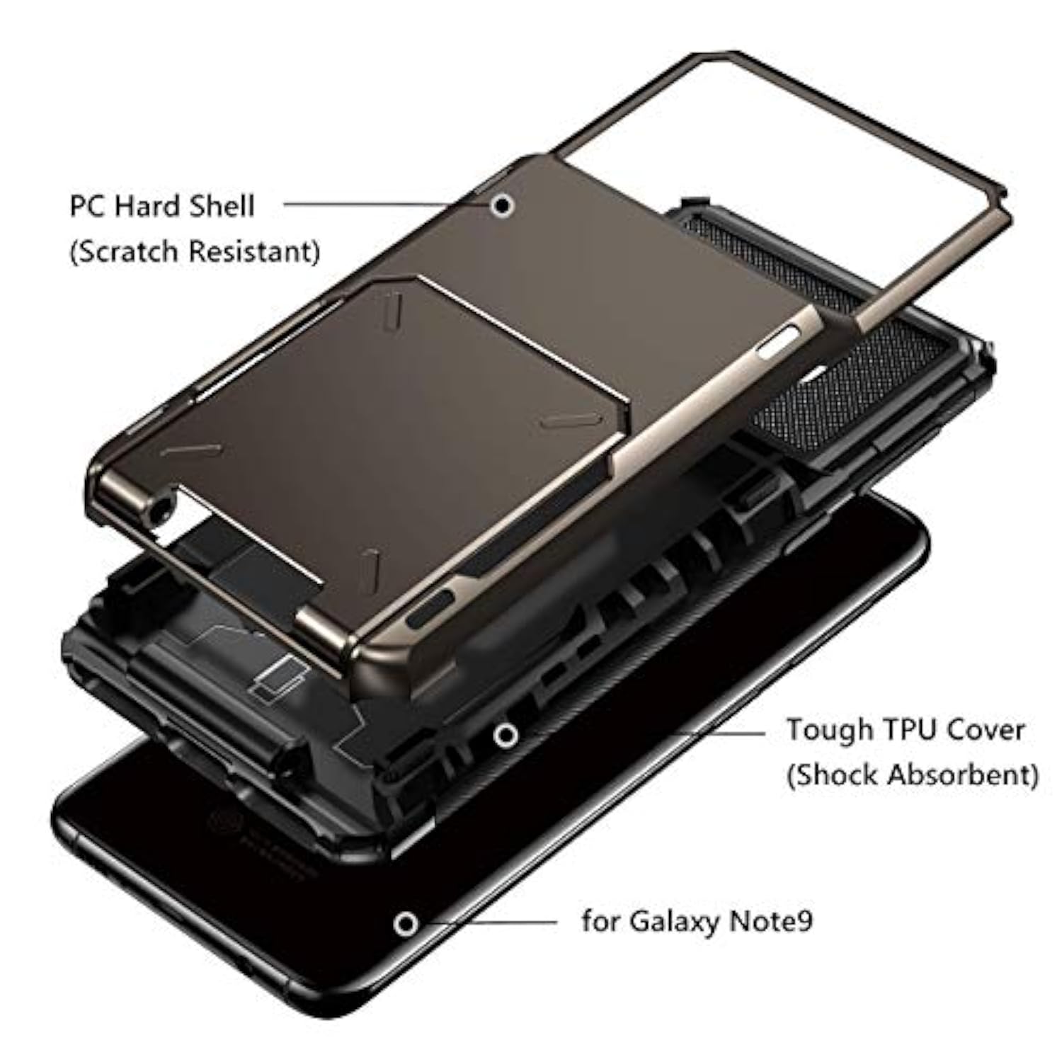 Case For Galaxy Note 9 Case Wallet 4Slot Pocket Credit Card Id Holder Scratch Resistant Dual Layer Protective Bumper Rugged Rubber Armor Hard Shell Cover For Samsung Galaxy Note 9 Gun Metal