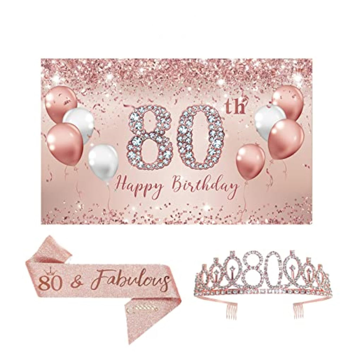 80th Birthday Rose Gold Set: Banner, Tiara, Sash & Party Decor