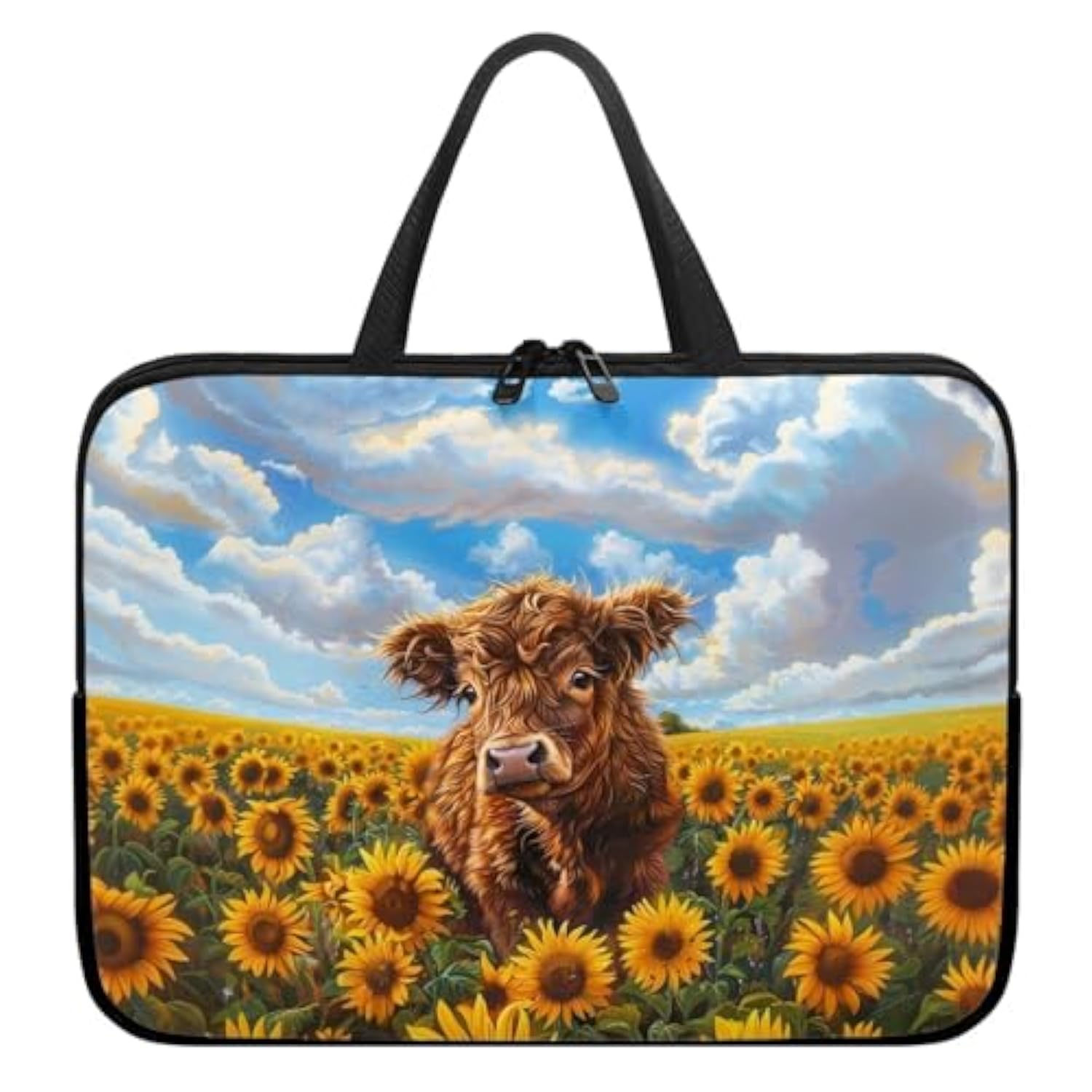 Sunflower Highland Cow Print Laptop Sleeve Case For Women Men Lightweight Travel Laptop Bag Shockproof Computer Protective Briefcase For Study Work, 13Inch