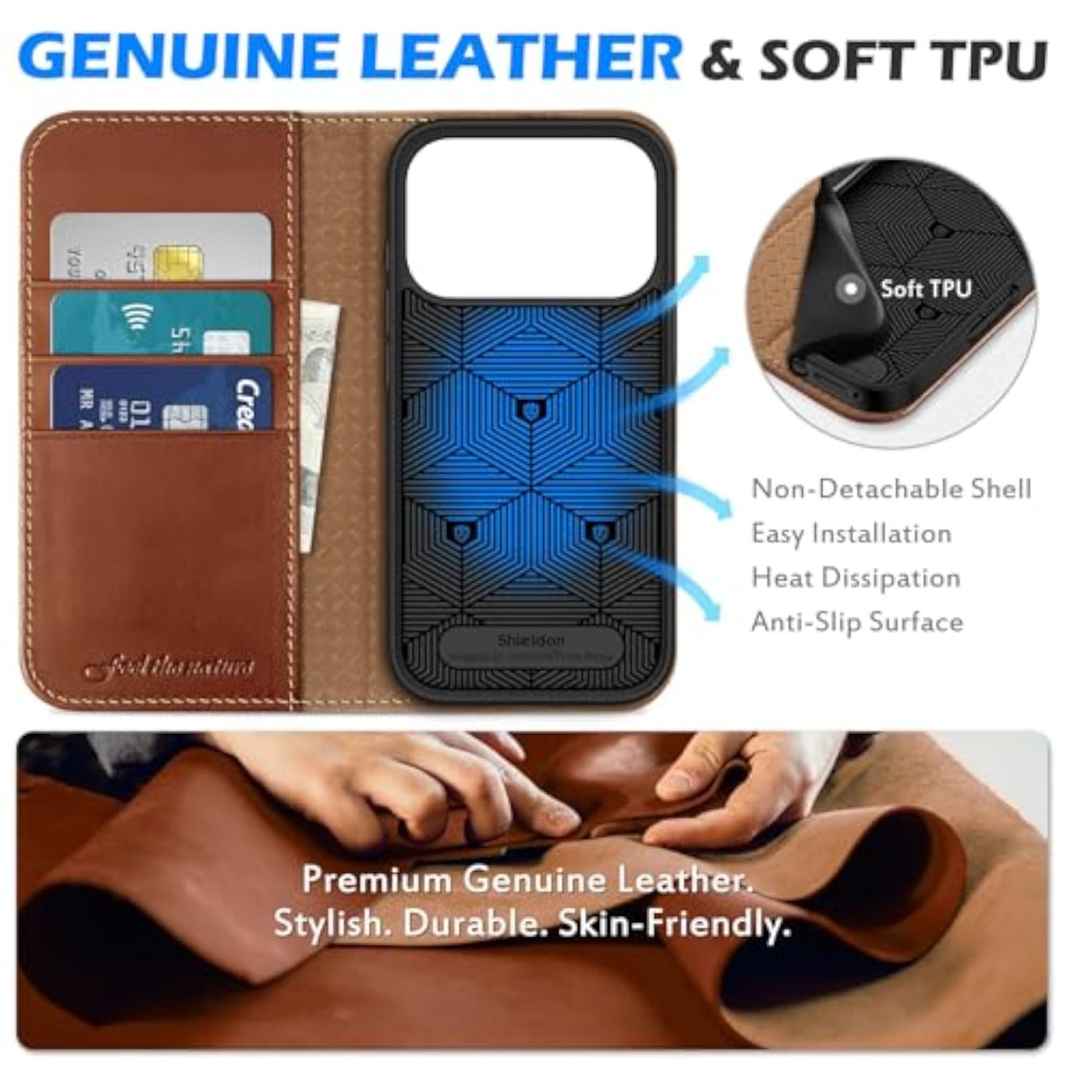 SHIELDON Genuine Leather Case Wallet for iPhone 17 Pro 6.3" Retro Brown