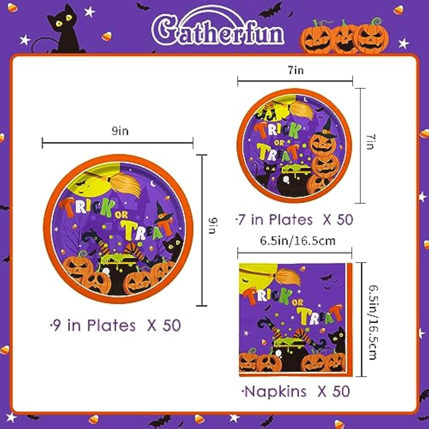 Halloween Party Supplies Kit for 50 Witch Pumpkin Disposable Plates Dessert Plates Napkins