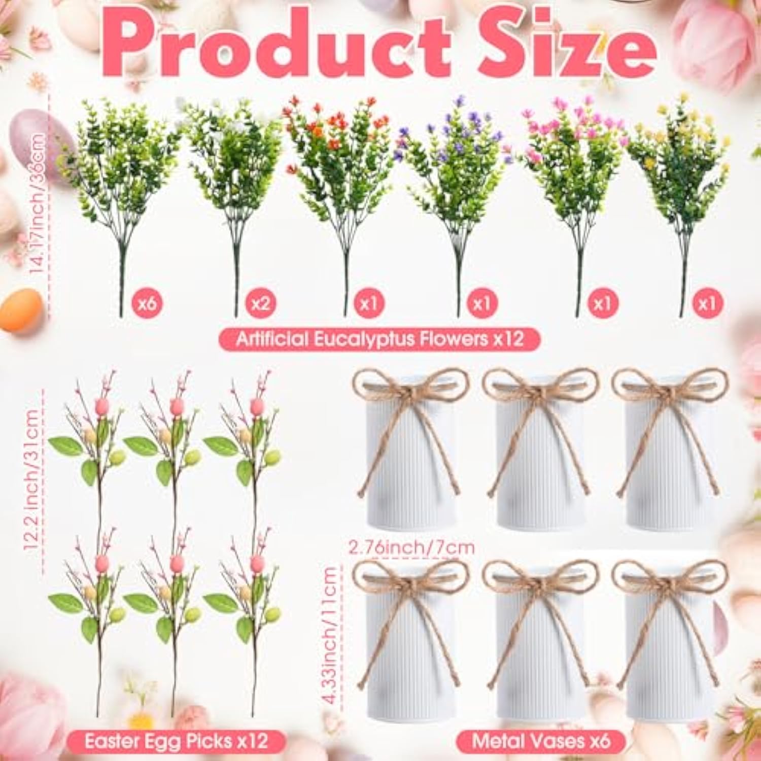 6 Sets Spring Easter Table Centerpiece Decor 12 Easter Artificial Flower Picks With 6 Metal Pots 12 Eucalyptus Egg Stems Twig Branches Sprays With Berries For Home Arrangement(White)