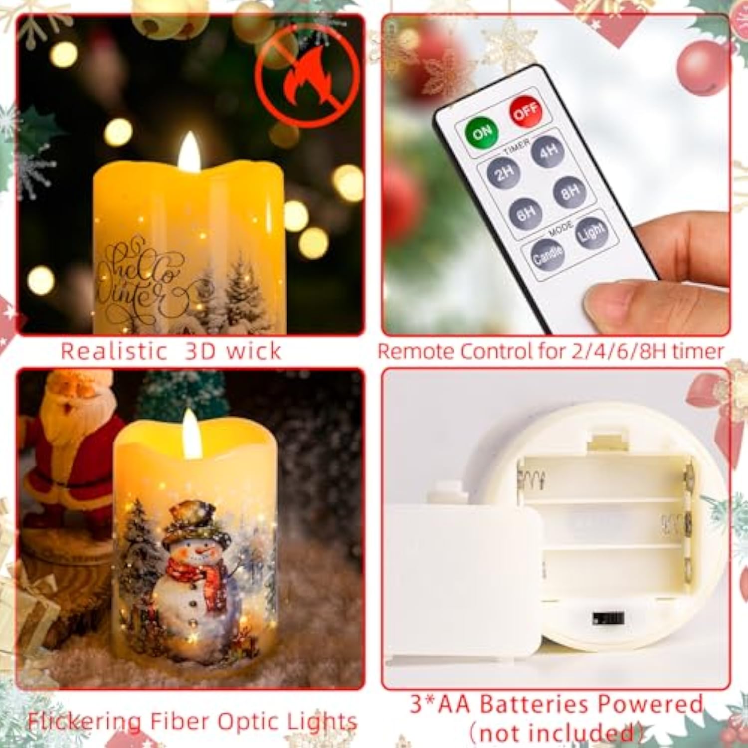 Christmas Flameless Flickering Led Candles With Remote Timer,Battery Operated 3D Wick Pillar Candles Fiber Oiptic Decorative Lights Set Of 3 For Decorations Indoor