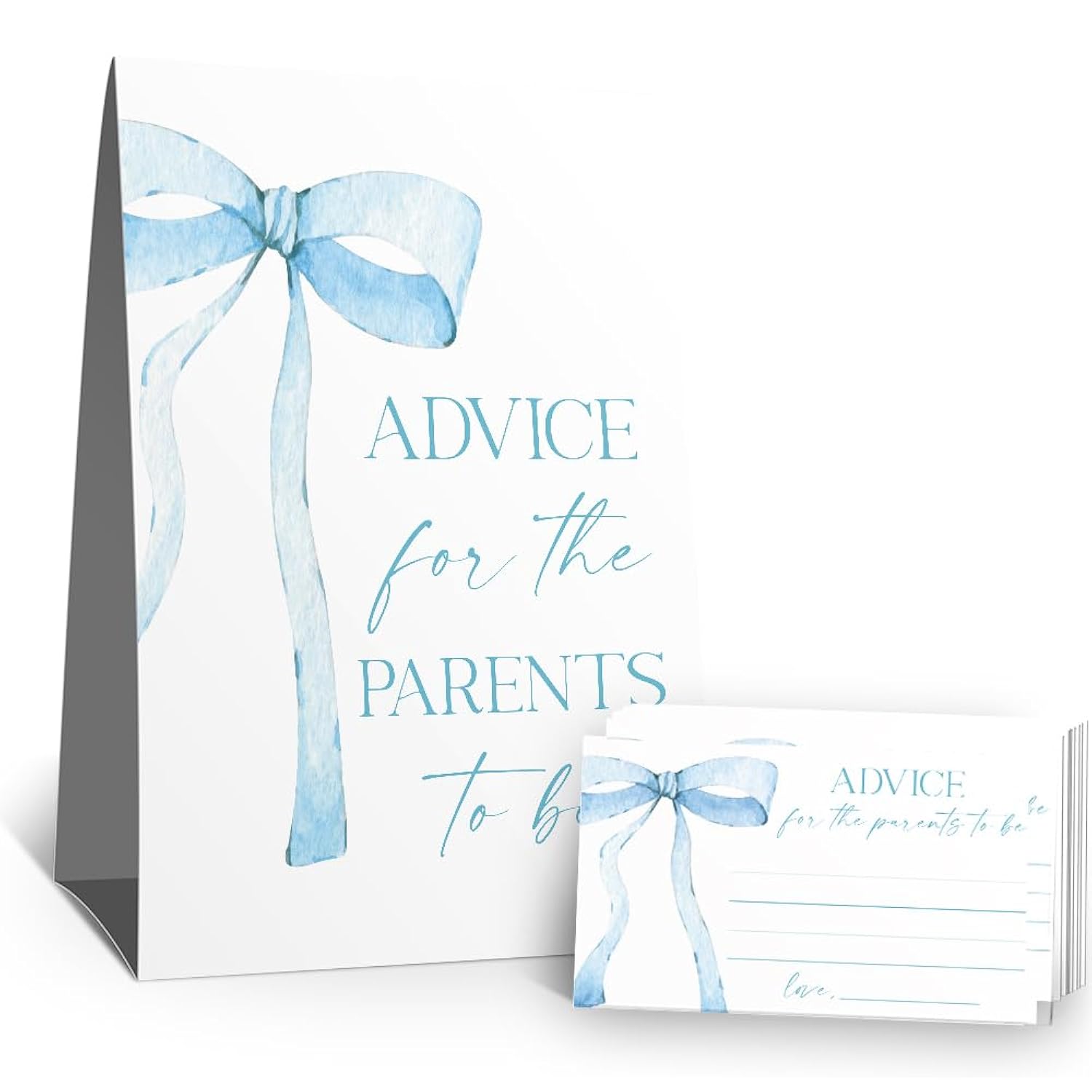Baby Shower Advice Cards For Parents To Be(1 Standing Sign-50 Guessing Cards) Blue Bow Theme Advice For New Parents Baby Shower Decorations, Wishes For Baby Cards Party Activities Game Cards Kit-40