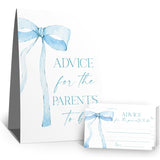 Baby Shower Advice Cards For Parents To Be(1 Standing Sign-50 Guessing Cards) Blue Bow Theme Advice For New Parents Baby Shower Decorations, Wishes For Baby Cards Party Activities Game Cards Kit-40