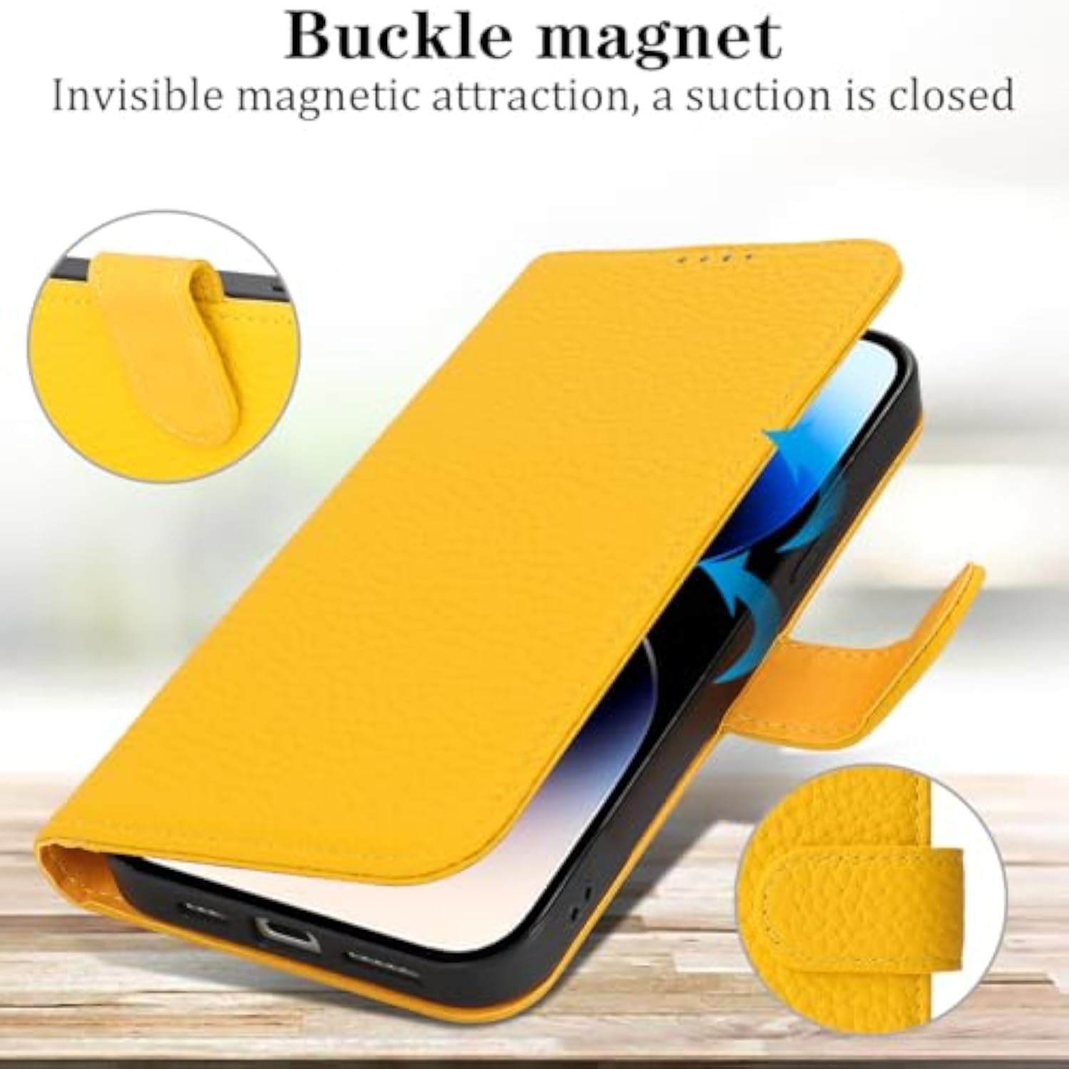 Genuine Leather Wallet Case for iPhone 14 Pro 6.1" with 4 Card Slots and RFID Blocking - Yellow