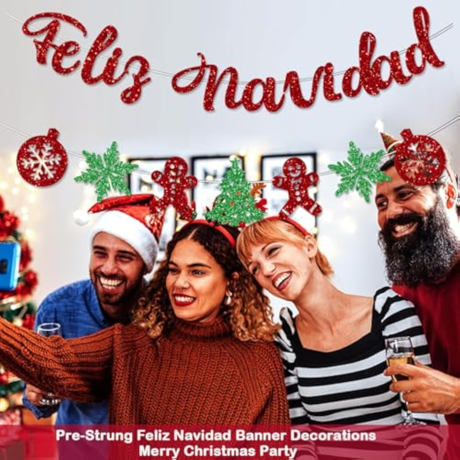 Pre-Strung Feliz Navidad Banner Red Green Glitter Christmas Party Decor