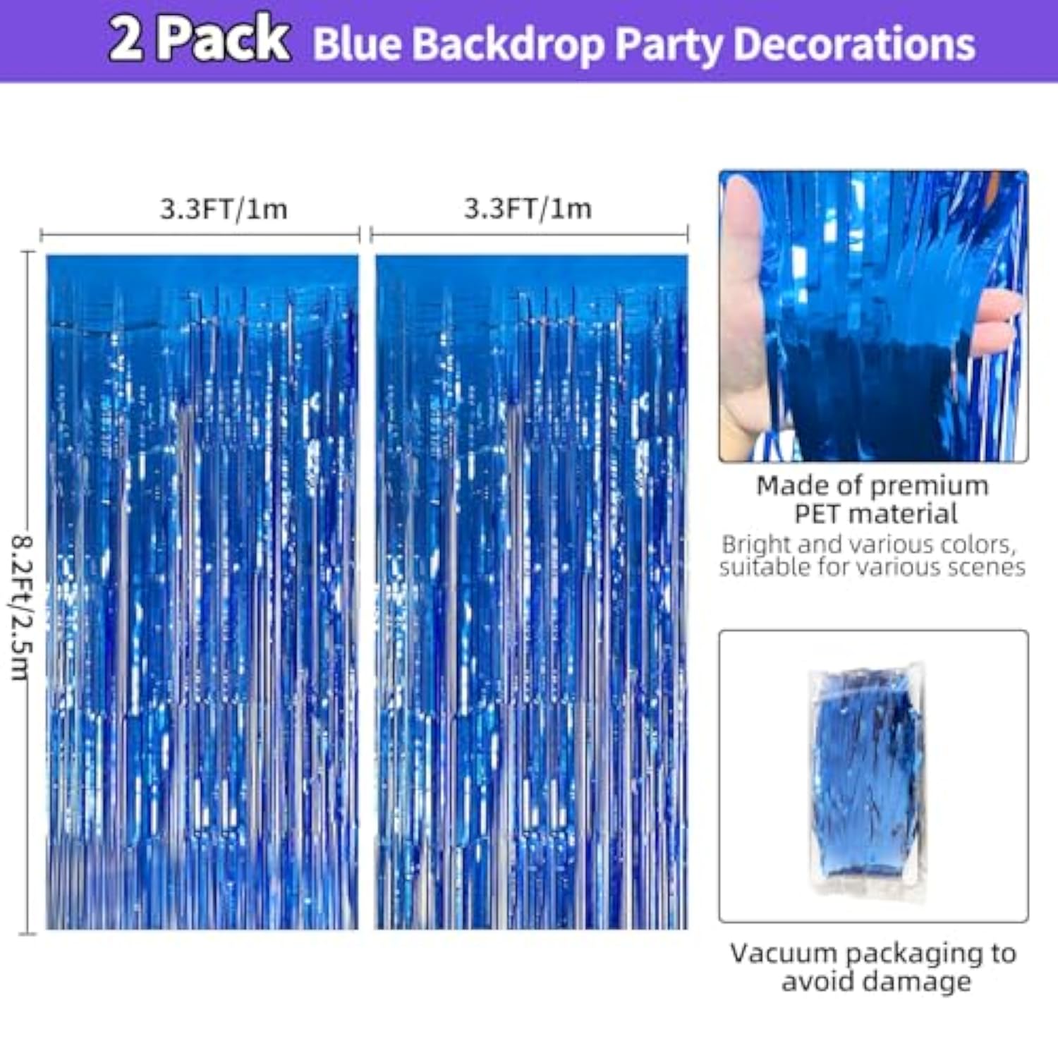 Blue Streamers Party Decorations 2-Pack 3.3x8.2Ft Glitter Foil Backdrop