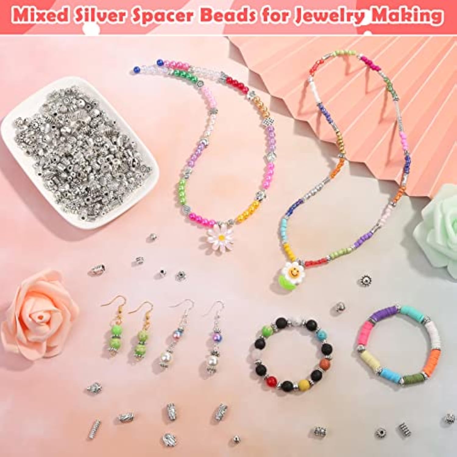 350PCS Silver Spacer Beads Mixed Styles for Bracelet Necklace Jewelry Making