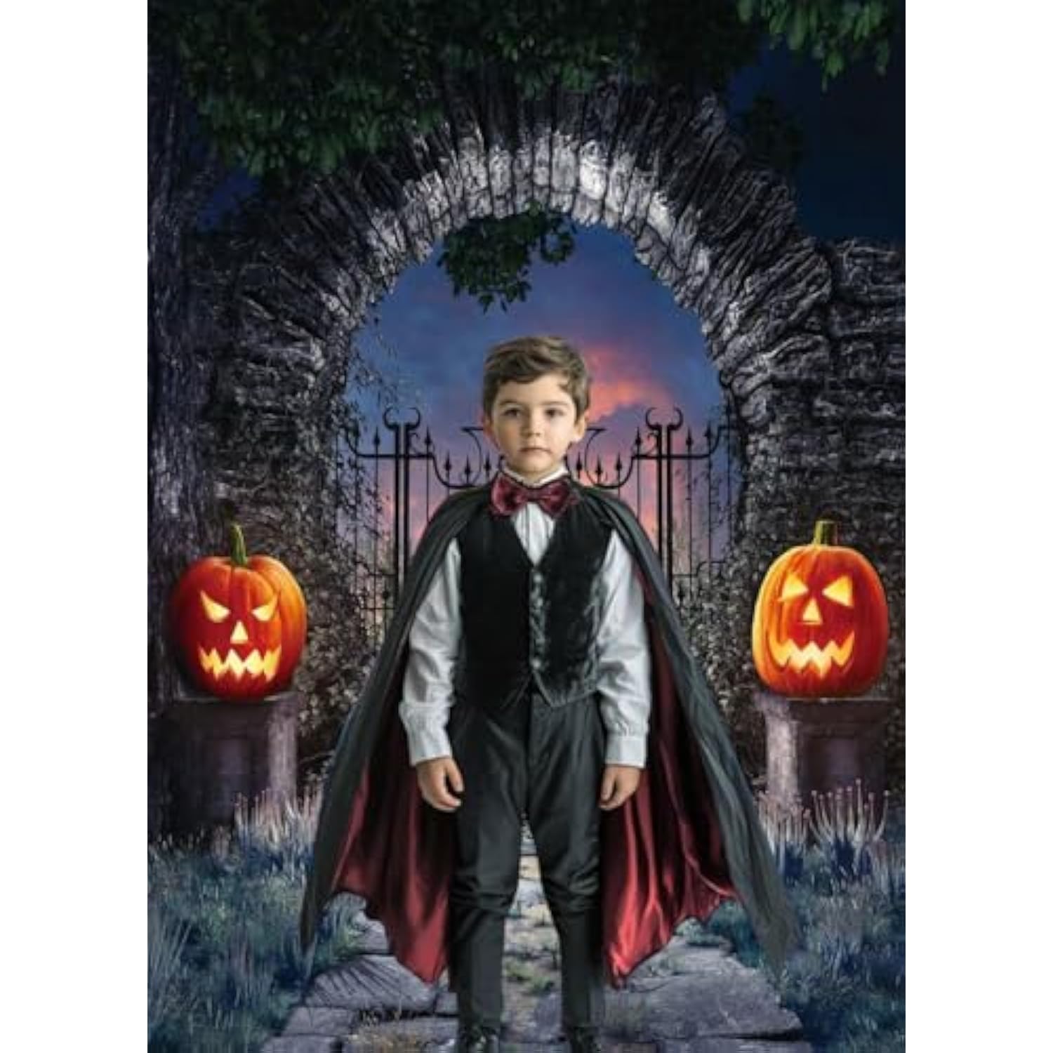 5x7Ft Halloween Gate Backdrop Gothic Arch Jack-O'-Lantern Castle Photo Decor