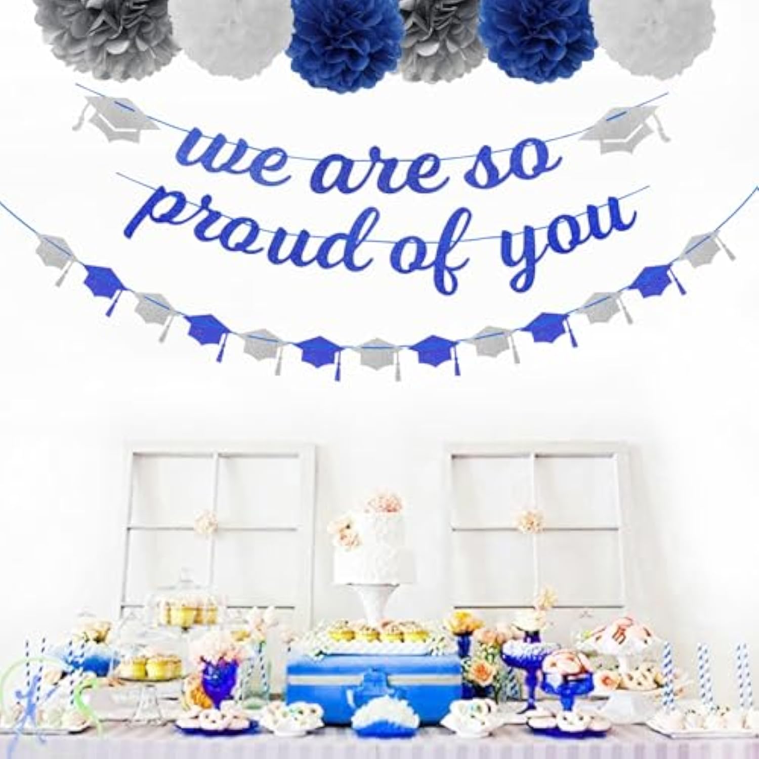 Navy-Blue White-Silver Party-Decoration Graduation Banner - 8Pcs Kits Cap Garland Streamers, Paper Tissue Pom Poms Flowers,We Are So Proud Of You Congratulations Grad 2026 Decor