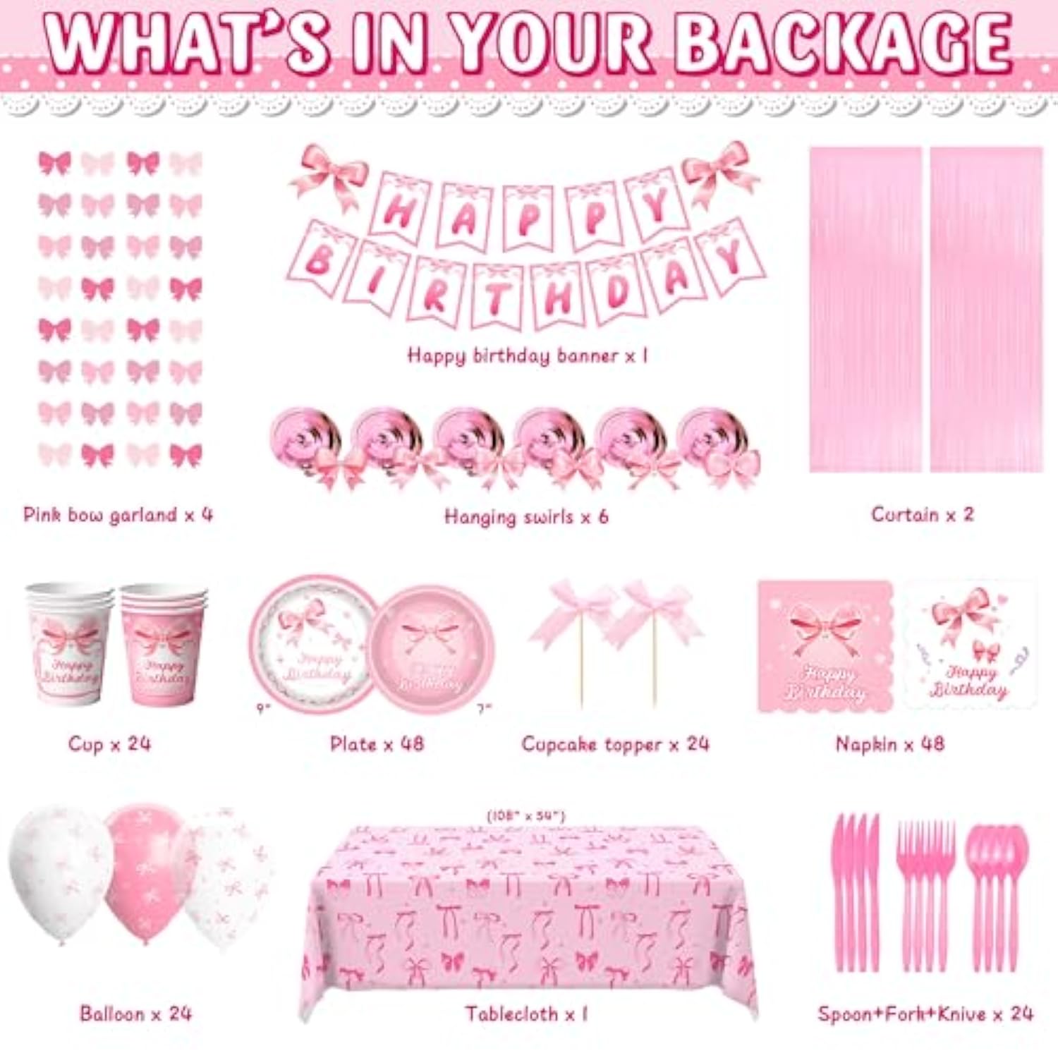 206Pcs Pink Bow Birthday Party Supplies Serve 24, Coquette Birthday Decorations Includes Bow Banner Garland, Hanging Swirls, Backdrops,Tablecloth, Plates For Girls Bachelorette Party Decor