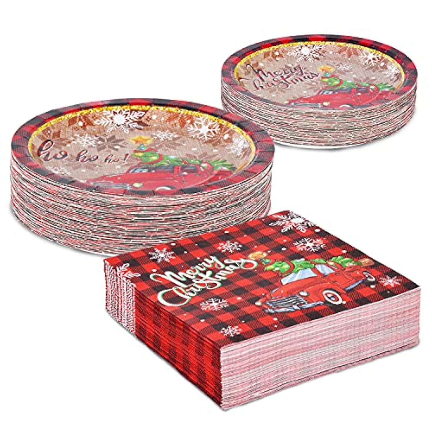 Pickup Truck Christmas Tree Disposable Paper Plates And Napkins For Merry Christmas Party Supplies - Serve 50