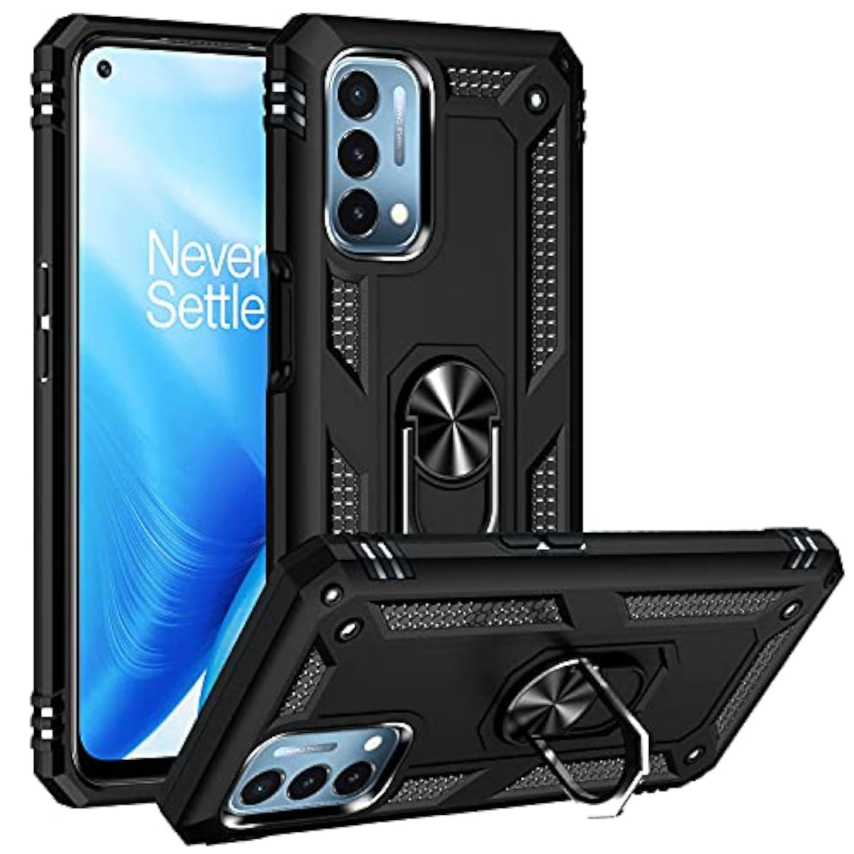 Heavy Duty Shockproof 360 Metal Rotating Ring Kickstand Holder Armor Case for Oneplus Nord N200 5G (Black)