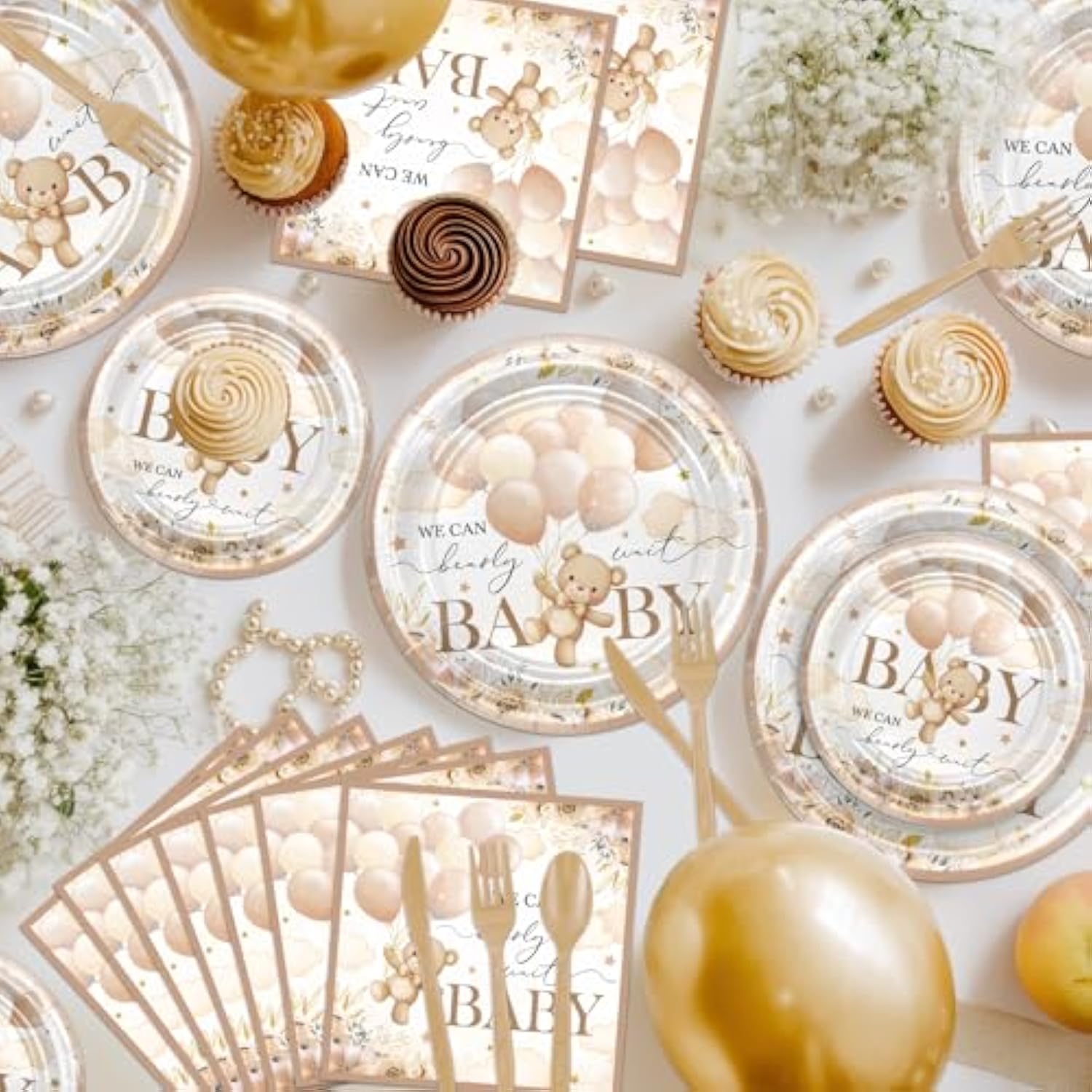 168 Pcs Bear Baby Shower Decorations Brown Bear Plates Napkins Tableware Set We Can Bearly Wait Baby Shower Supplies, Serves 24