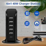 Charger Block 6 In 1 , 40W Usb C Charger 3A, Charging Hub With 5 Usb Ports(Shared 6A) For Multiple Electronics, Usb Charging Station Multiports, Universal Desktop Phone Charger Travel Ready, Black