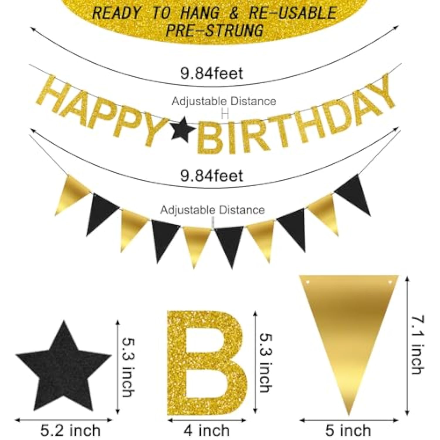 20pcs Gold Happy Birthday Banner Set with Garland, Balloons & Hanging Swirls Decor