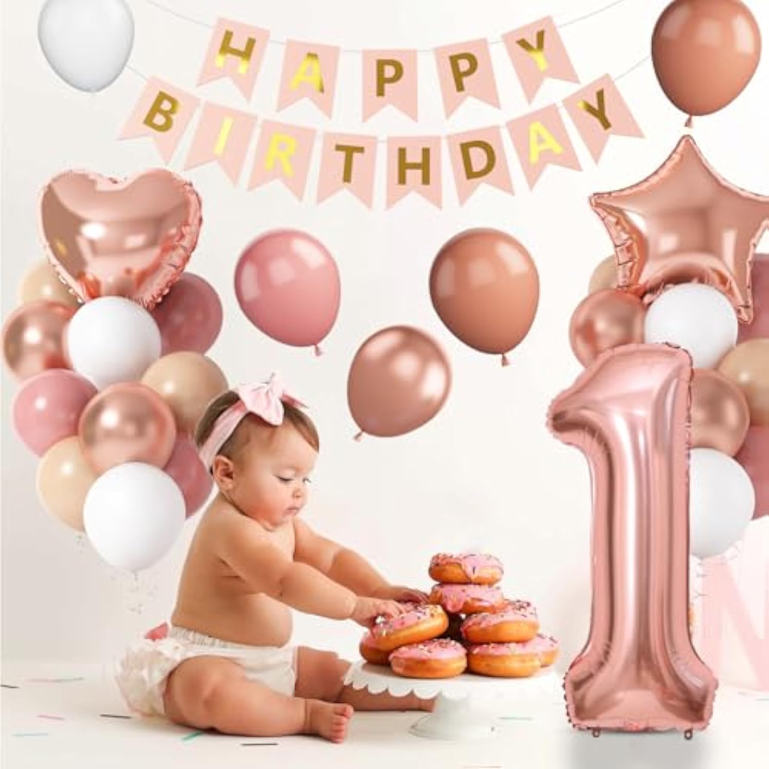 Boho 1St Birthday Decorations For Girls, Dusty Pink Rose Gold White Balloons With 40 Inch Number 1 Star Heart Foil Balloons Happy Birthday Banner For 1 Year Old Birthday Anniversary Baby Shower Decor