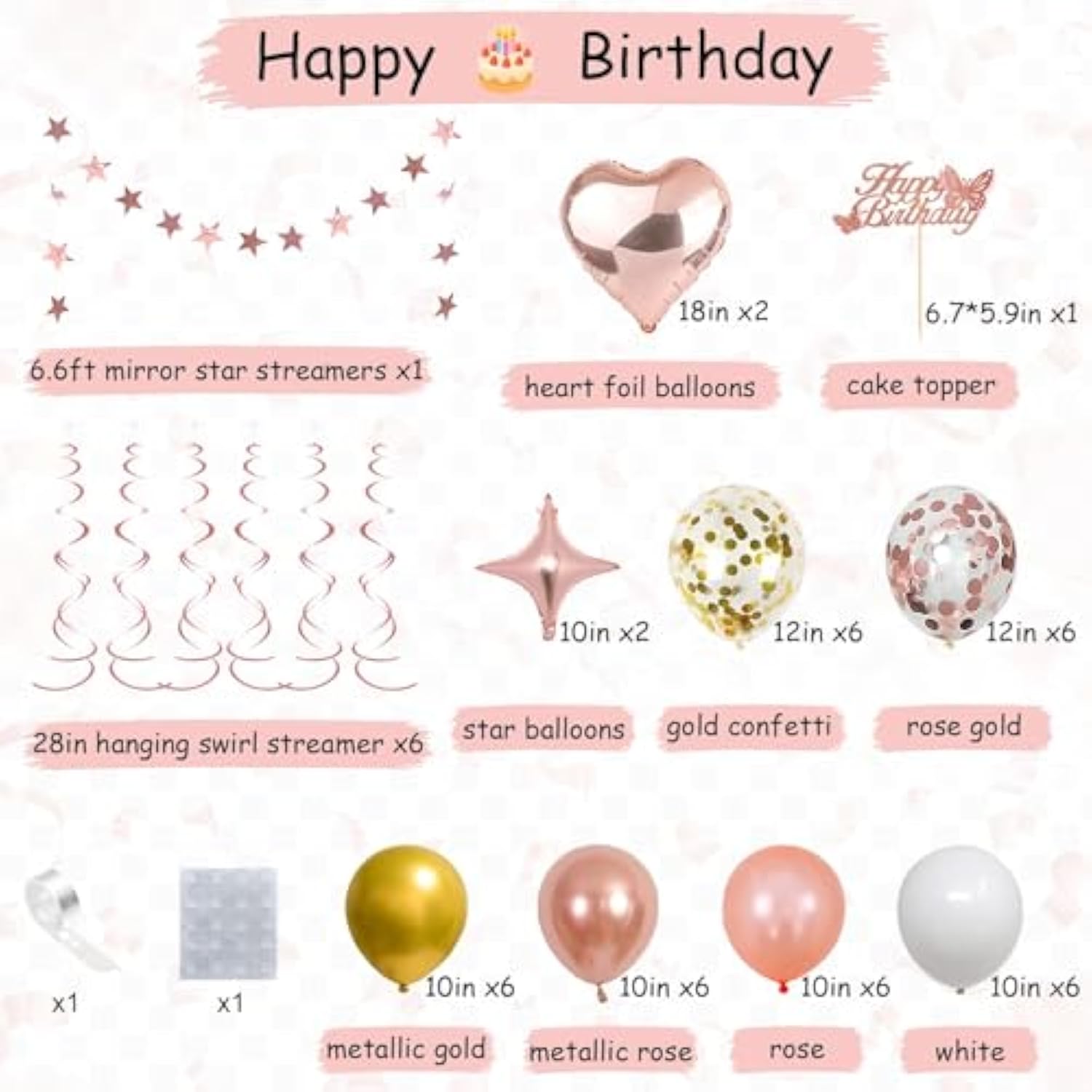 14Th Rose Gold Birthday Party Decorations For Girls, Rose Gold Happy Birthday Banner, Fringe Curtains, Heart Foil Balloons, Confetti Balloons, Cake Topper For 14Th Birthday Decorations