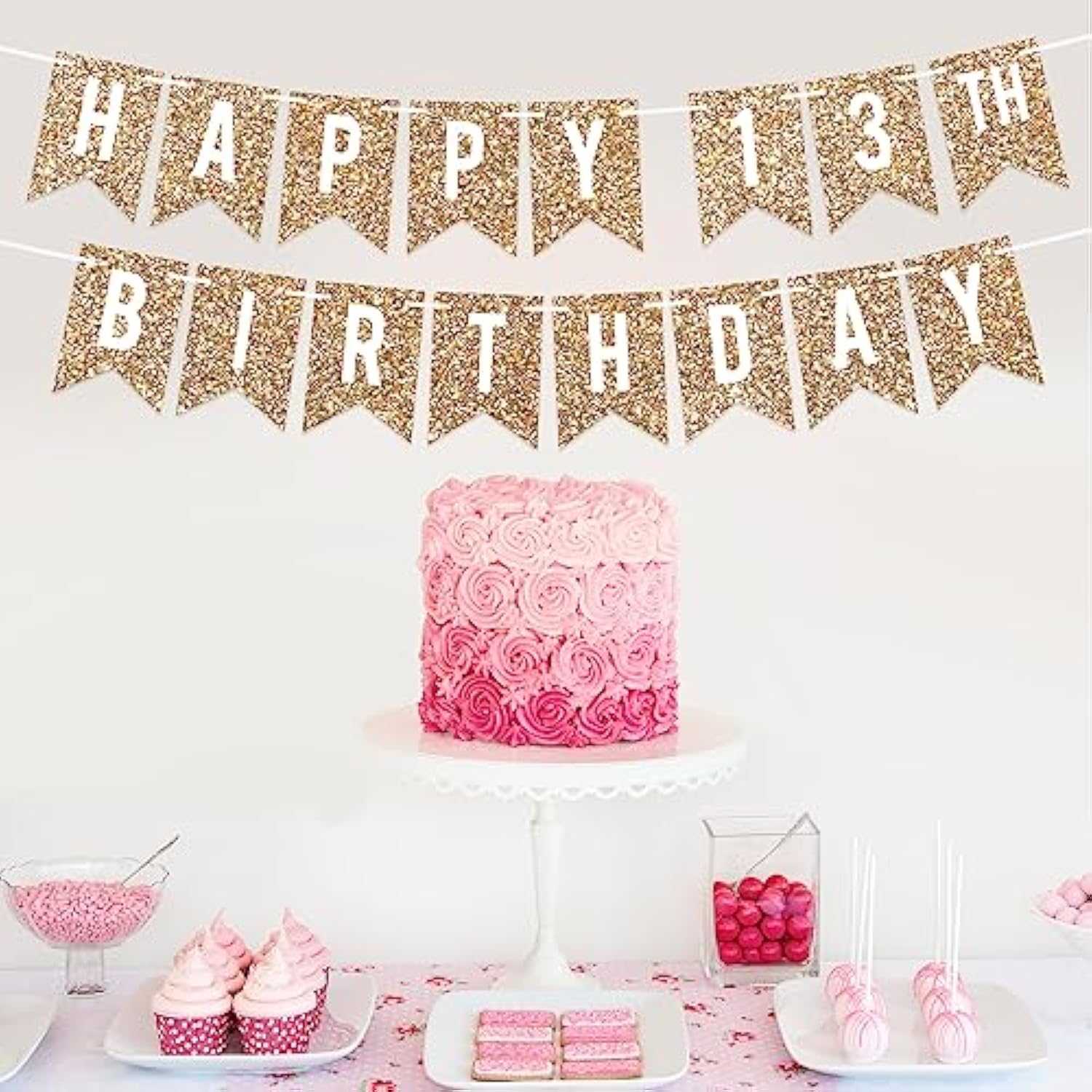 Pre-Strung Happy 13th Birthday Banner No DIY Gold Glitter Garland for Boys/Girls