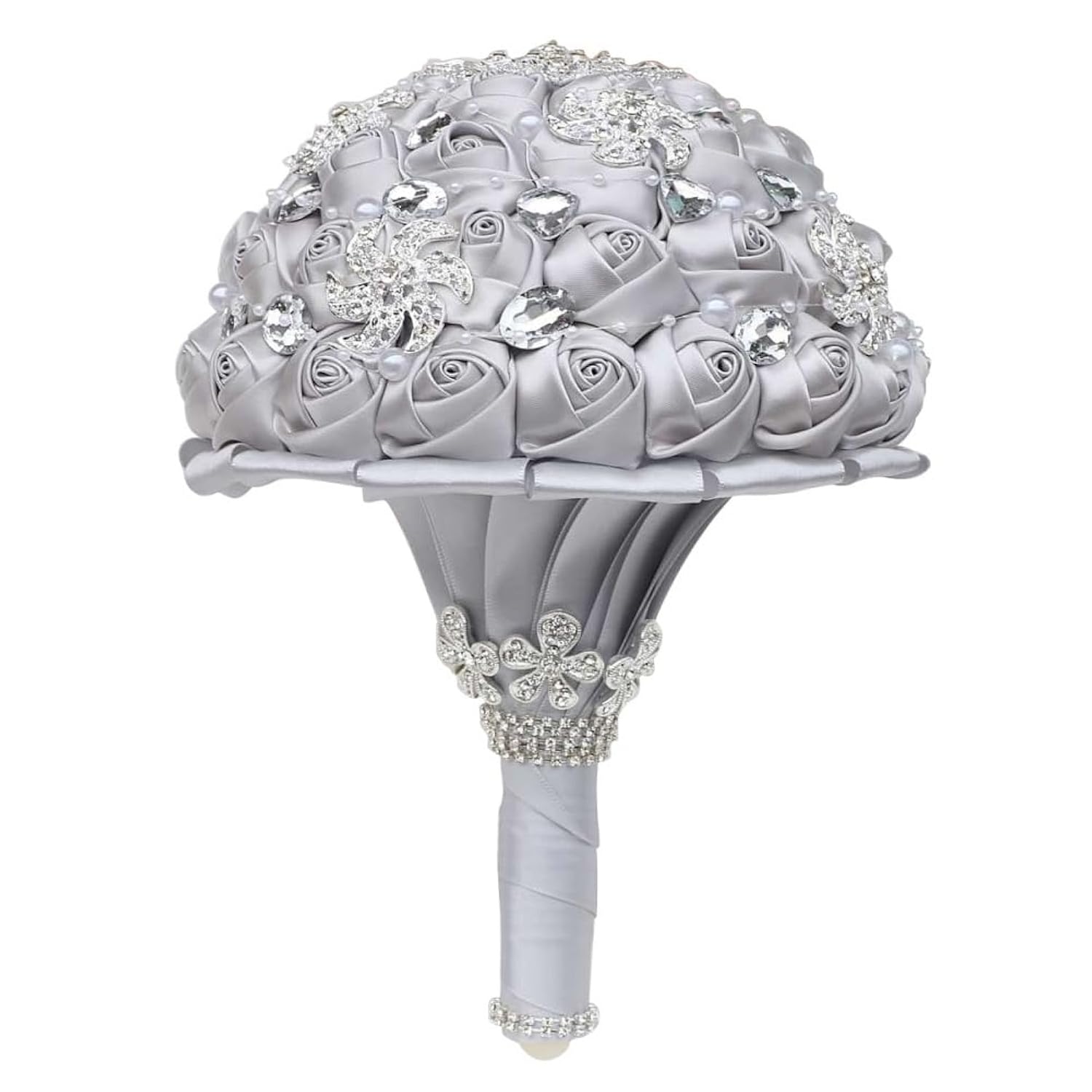 Silver Bridal Wedding Bouquet Handmade Luxury Rhinestone Brooch Pearl Bouquet For Bride Bridesmaid Quinceanera Satin Rose Artificial Flower Bouquet Wedding Silver 9.5In