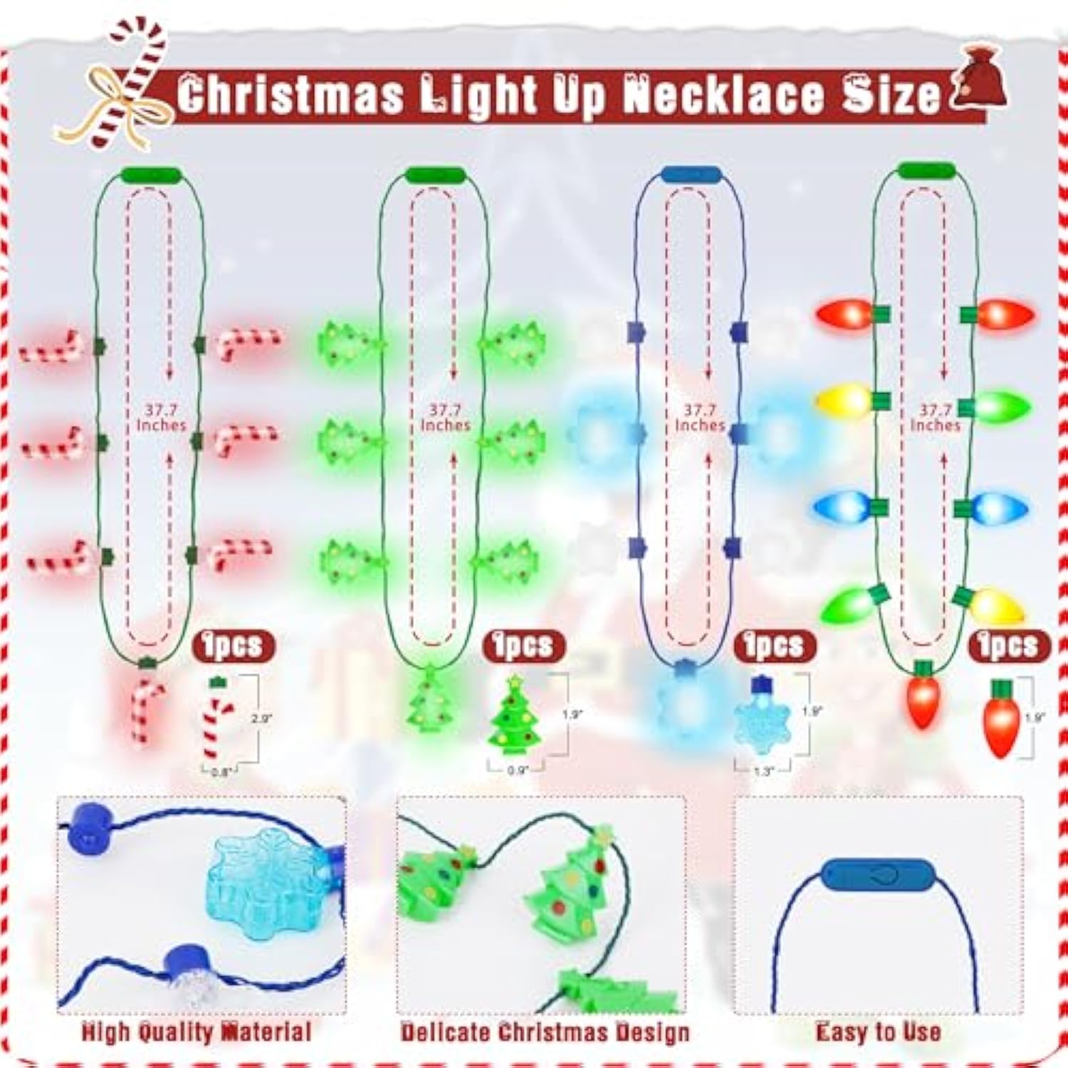 12 Pcs Christmas Party Favors, Light Up Christmas Necklace Headband Glasses Set, Candy Cane Snowflake Tree Bulb Necklace Led Headband Flashing Eyeglasses For Xmas Gifts, Christmas Accessories