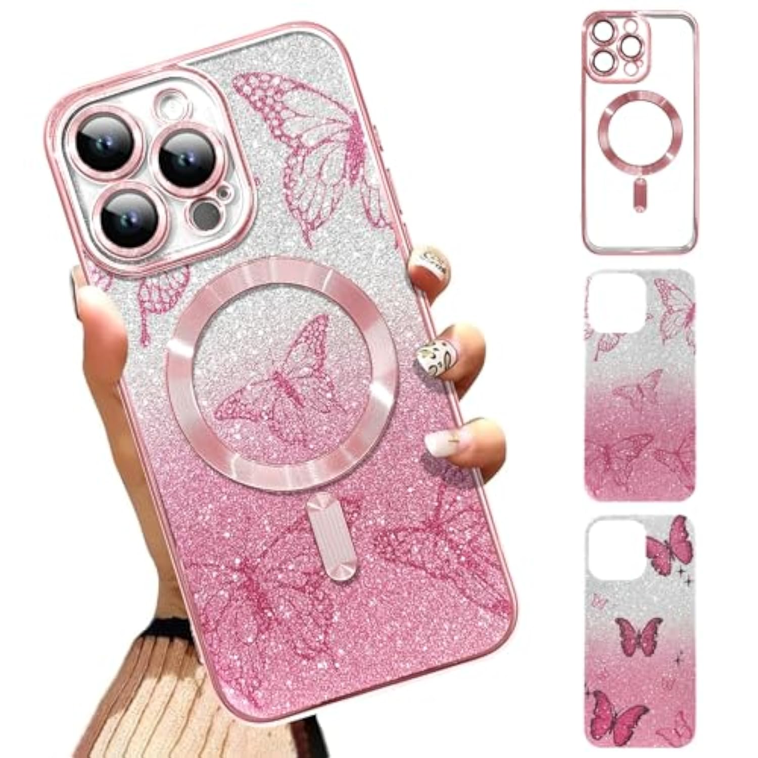 Case Fit For Iphone 16 Pro Max [Compatible With Magsafe] Glitter Bling Case With Camera Protector [2 Pieces Of Butterfly Design Insert] Soft Shockproof Anti-Scratch Cover For Women - Pink