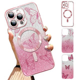 Case Fit For Iphone 16 Pro Max [Compatible With Magsafe] Glitter Bling Case With Camera Protector [2 Pieces Of Butterfly Design Insert] Soft Shockproof Anti-Scratch Cover For Women - Pink