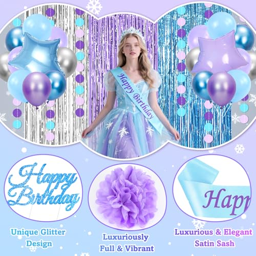 Blue and Purple Birthday Decorations, 50PCS Winter Birthday Party Decorations with Blue Purple Silver Balloons Banner Sash Fringe Curtain, Winter Wonderland Decorations Party Supplies for Women Girls