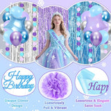 Blue and Purple Birthday Decorations, 50PCS Winter Birthday Party Decorations with Blue Purple Silver Balloons Banner Sash Fringe Curtain, Winter Wonderland Decorations Party Supplies for Women Girls