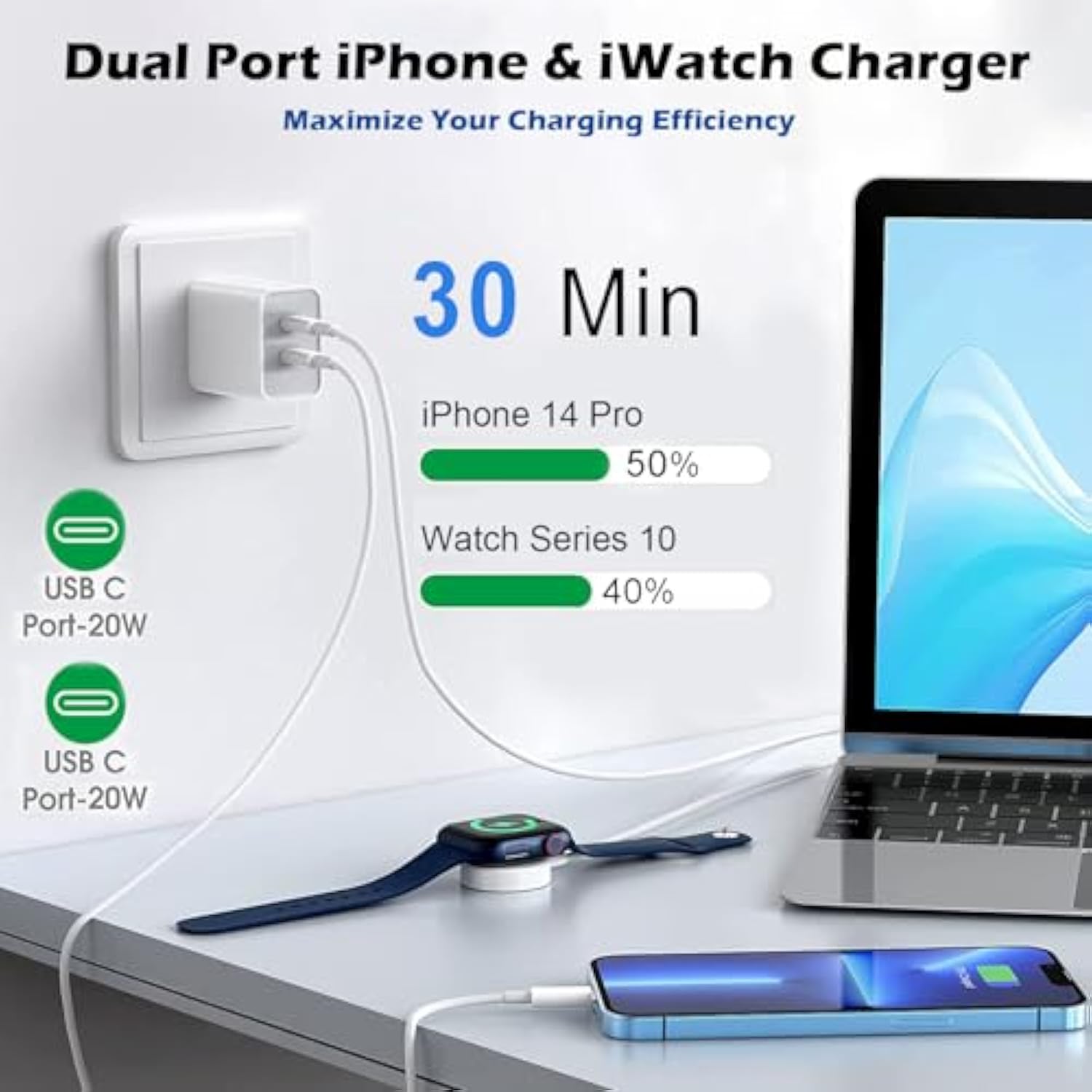 Fast Charger For Apple Watch Charger,Iphone Dual Port Wall Charging Block With 6.6Ft Magnetic Wireless Cable For Iwatch Charger,Usb C To Lightning Cable For Iwatch Series 10/9/8/7/6/Se2/5/Iphone 14/13