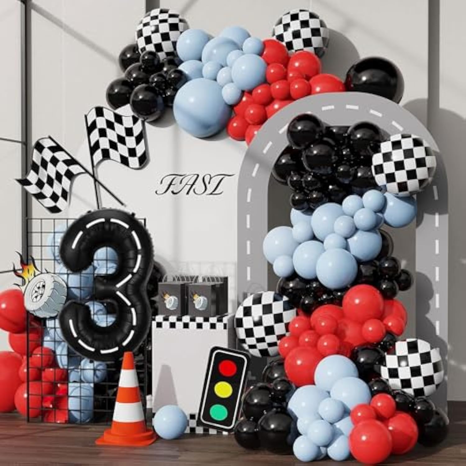 Race Car Birthday Balloons Decorations, 40 Inch Racetrack Black Number 3 Balloon, Large Mylar Black 3 Balloon For 3St Birthday Race Car Theme Party Decor Supplies 7 Pcs