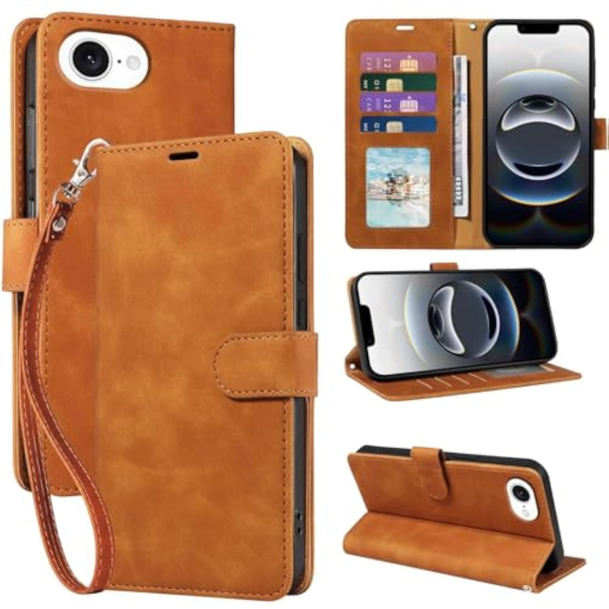 Brown iPhone 16e Case Wallet with RFID Blocking and 4 Card Slots