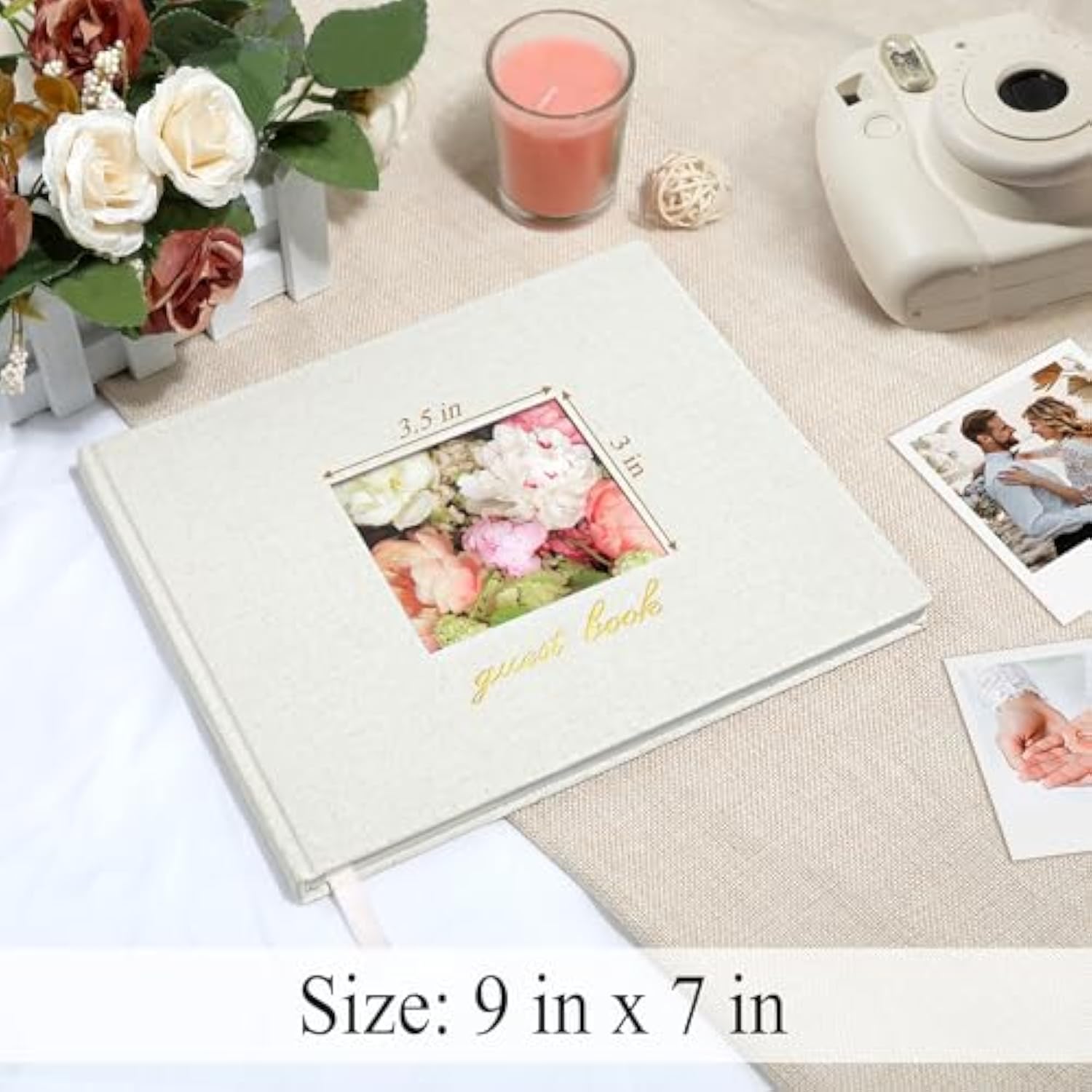 Wedding Guest Book - Polaroid Guest Book Weddings Reception, Linen Cover 7" X 9" Guest Book For Baby Shower, Birthdays And Special Events, 100 Blank Pages For Wedding Sign In And Photos, Beige