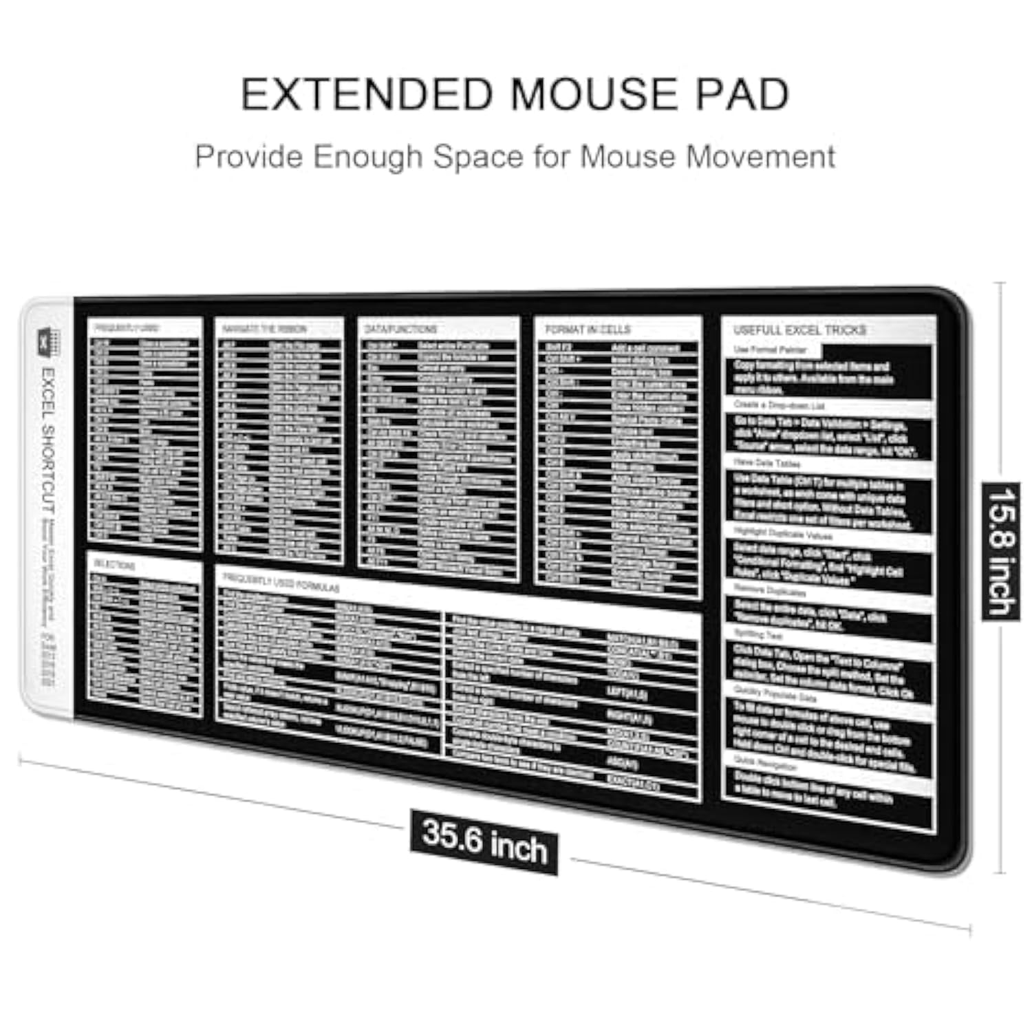 Excel Shortcut Mouse Pad, Large Excel Cheat Sheet Desk Pad, Xxl Extended Computer Mousepad, Office Desk Mat For Laptop And Keyboard, Non-Slip Rubber, Stitched Edges, 35.4"X15.7", Black