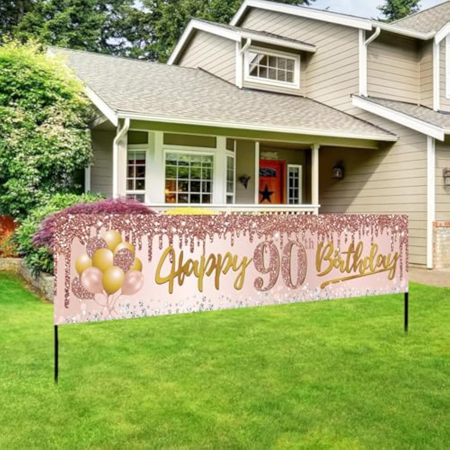 Pink Rose Gold 90th Birthday Banner for Indoor/Outdoor Decor