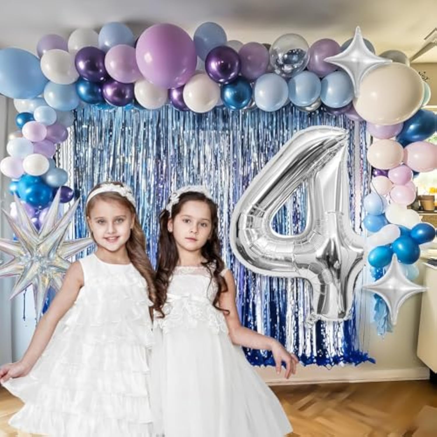 Snow-Themed 4th Birthday Decor – Snowflake Balloon Arch, Silver #4 Tower & Star Balloons for Girls