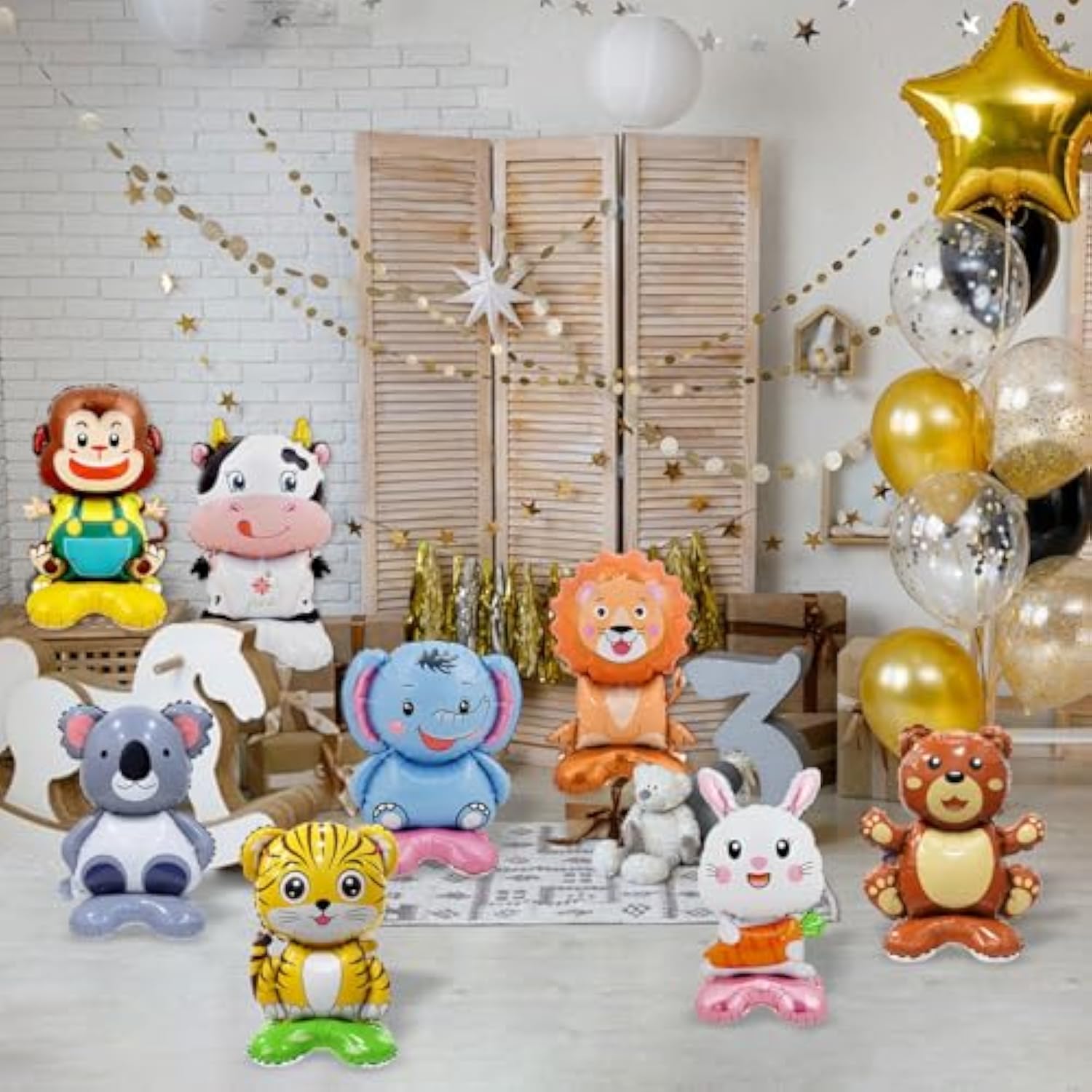 8 Pc Standing Cute Animal Foil Balloons - Lion, Bear, Cow, Monkey, Koala, Tiger, Elephant, Bunny - Jungle Safari Zoo Themed Baby Shower Birthday Party Decorations